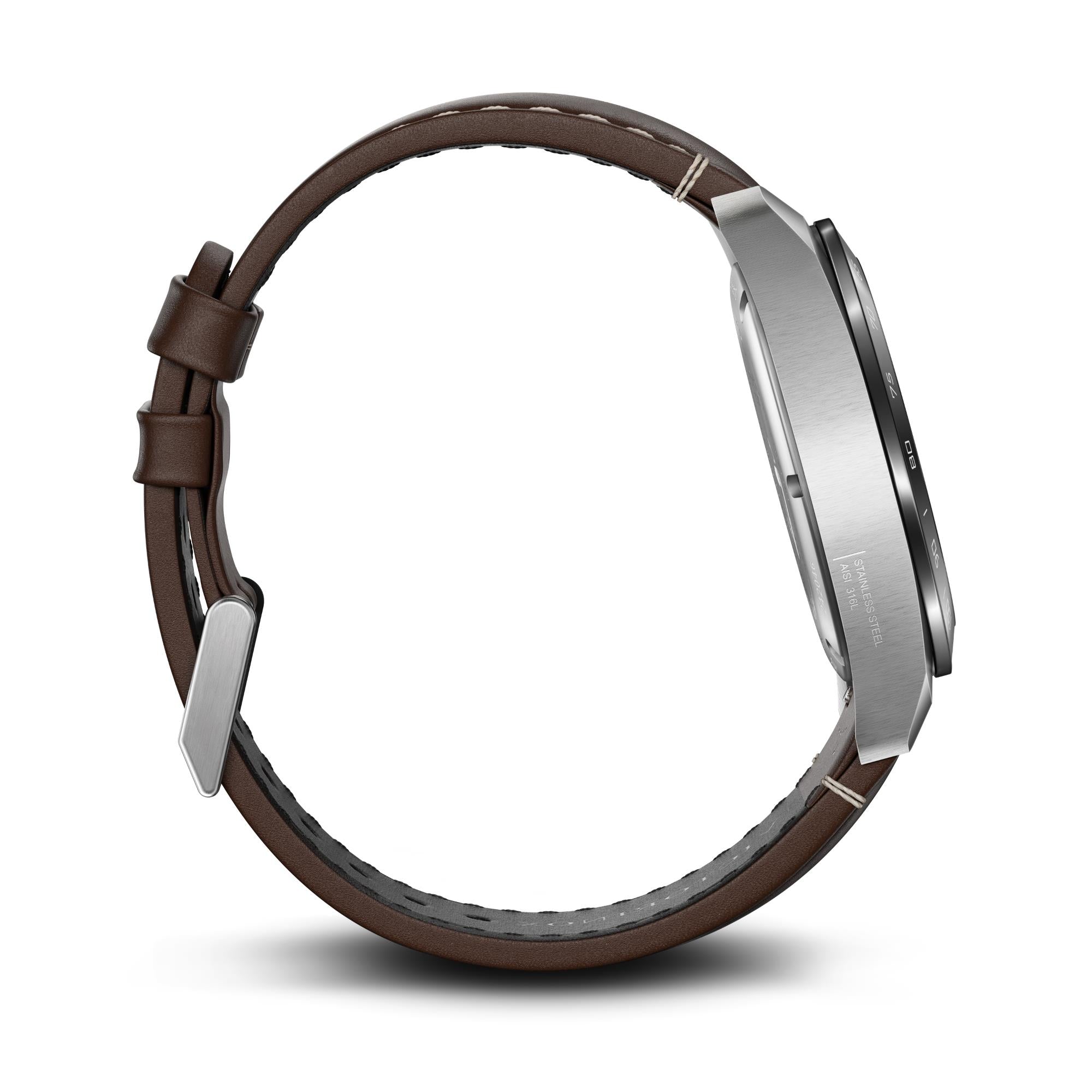 Angled side view of Victorinox 242046 chronograph highlighting the case thickness and brown leather strap attachment