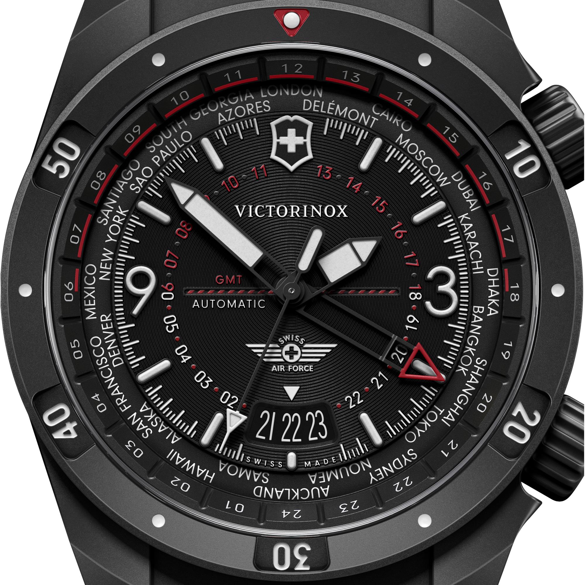 Victorinox Air Pro 43mm GMT Black Dial Rubber Mens Automatic Watch 242006
