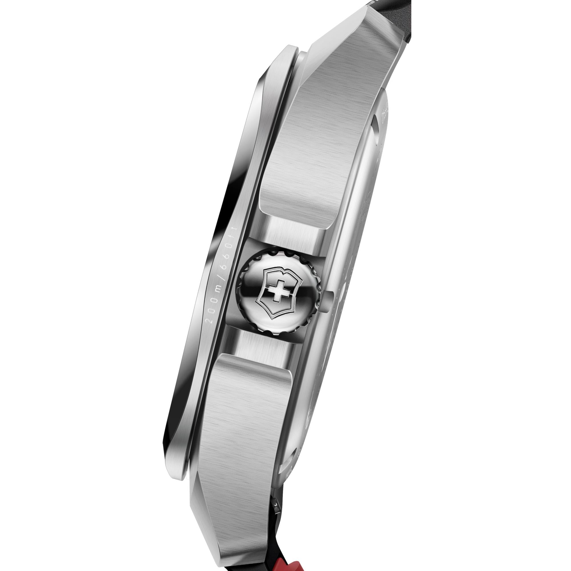 Close-up of Victorinox I.N.O.X. 242028 showing stainless steel case and crown