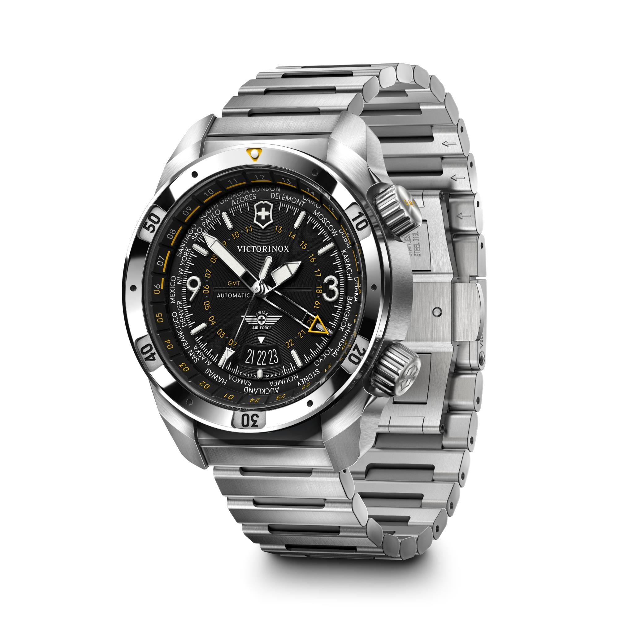 Victorinox Air Pro 43mm GMT black dial stainless steel men's automatic watch full front view