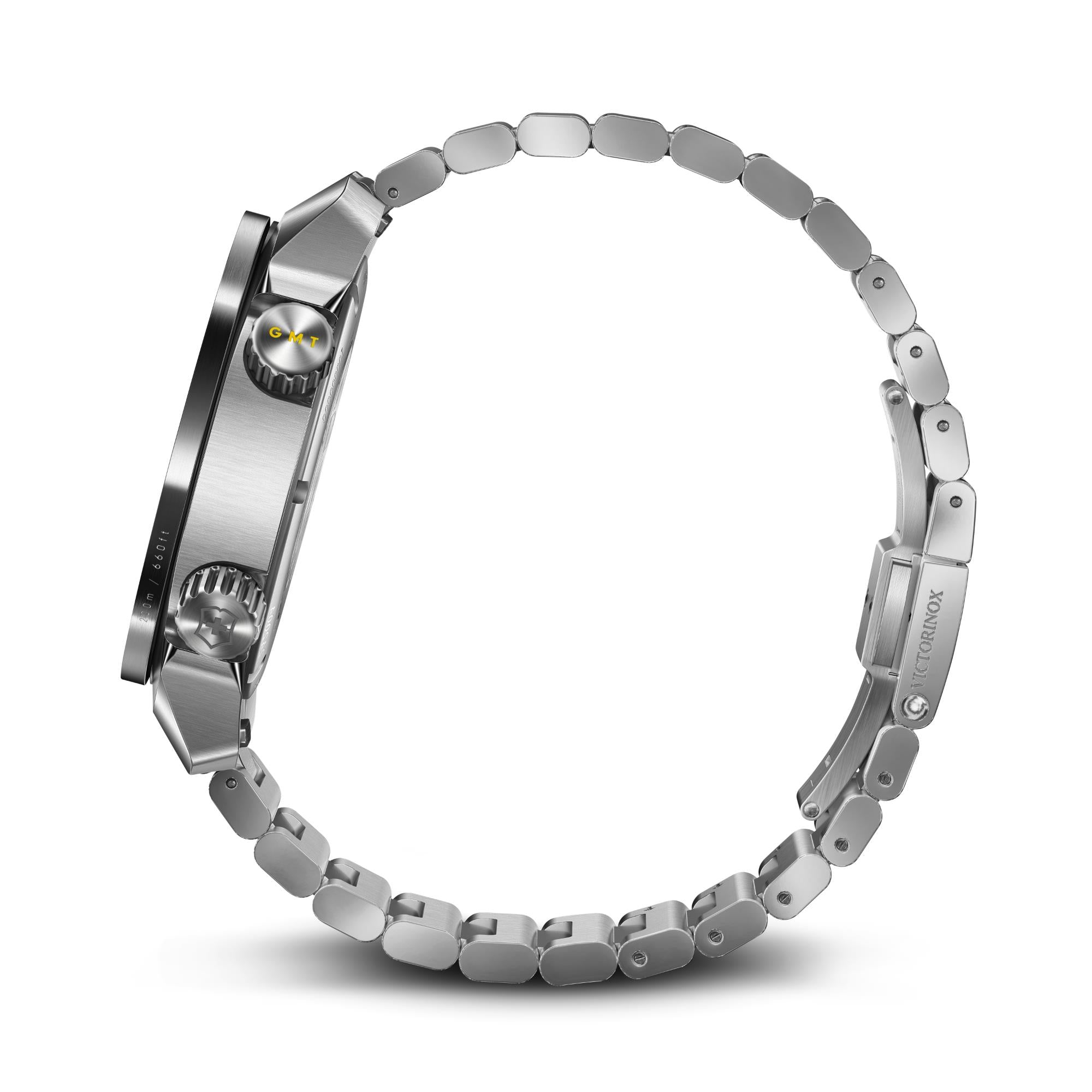 Side view of Victorinox Air Pro 242004 GMT watch highlighting the stainless steel bracelet and case profile