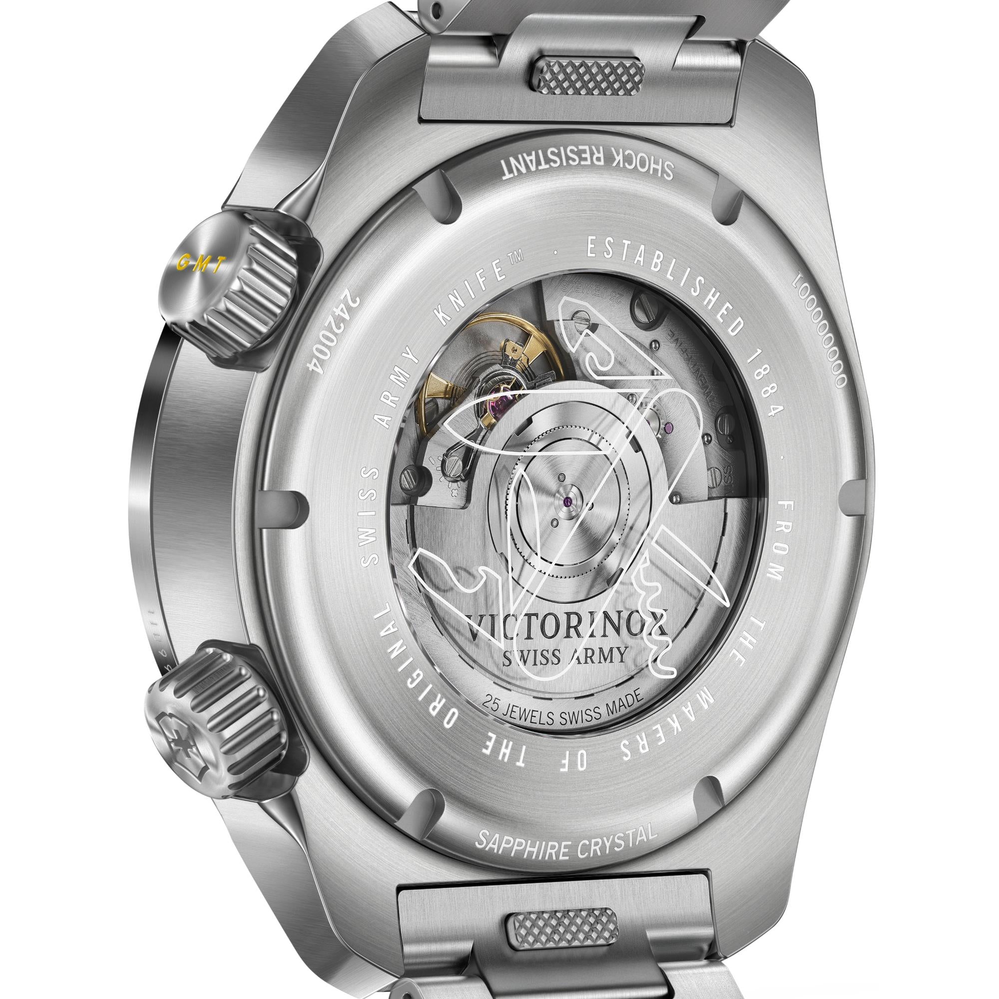 Victorinox Air Pro 242004 GMT watch exhibition case-back revealing its automatic movement