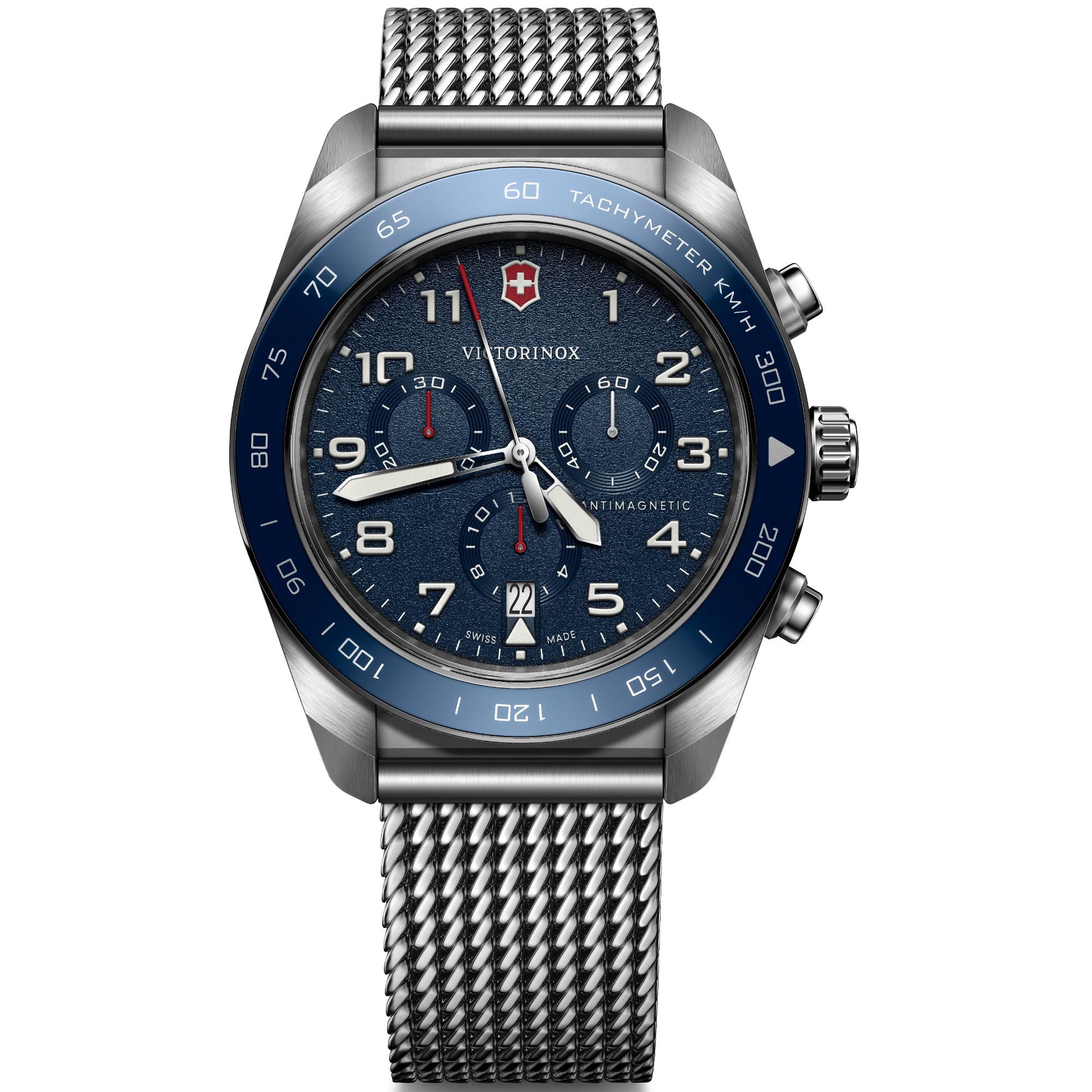 Victorinox Swiss Army Chronograph blue dial mesh bracelet watch 242049 front view