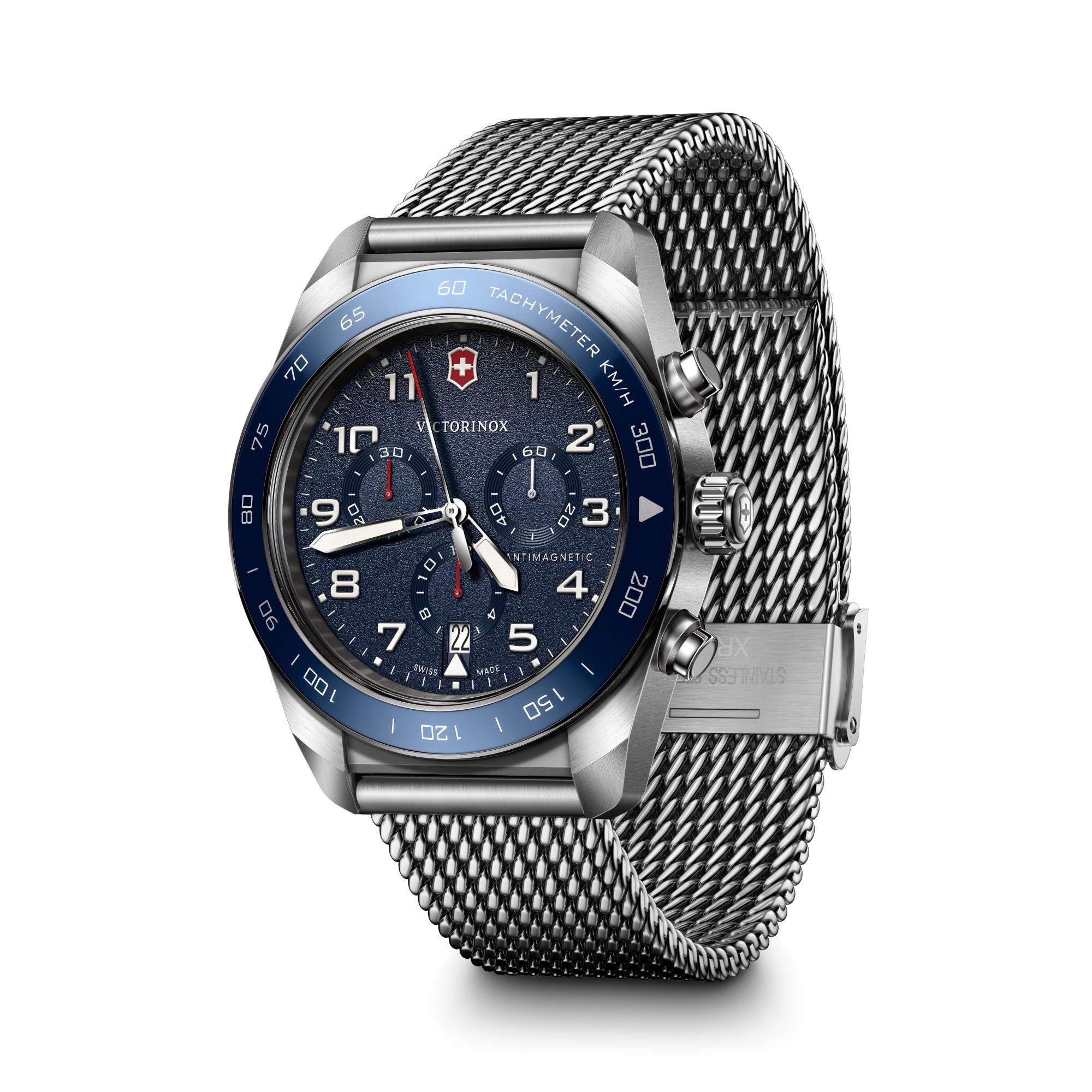 Victorinox Swiss Army Chronograph blue dial mesh bracelet watch 242049 watch full front view