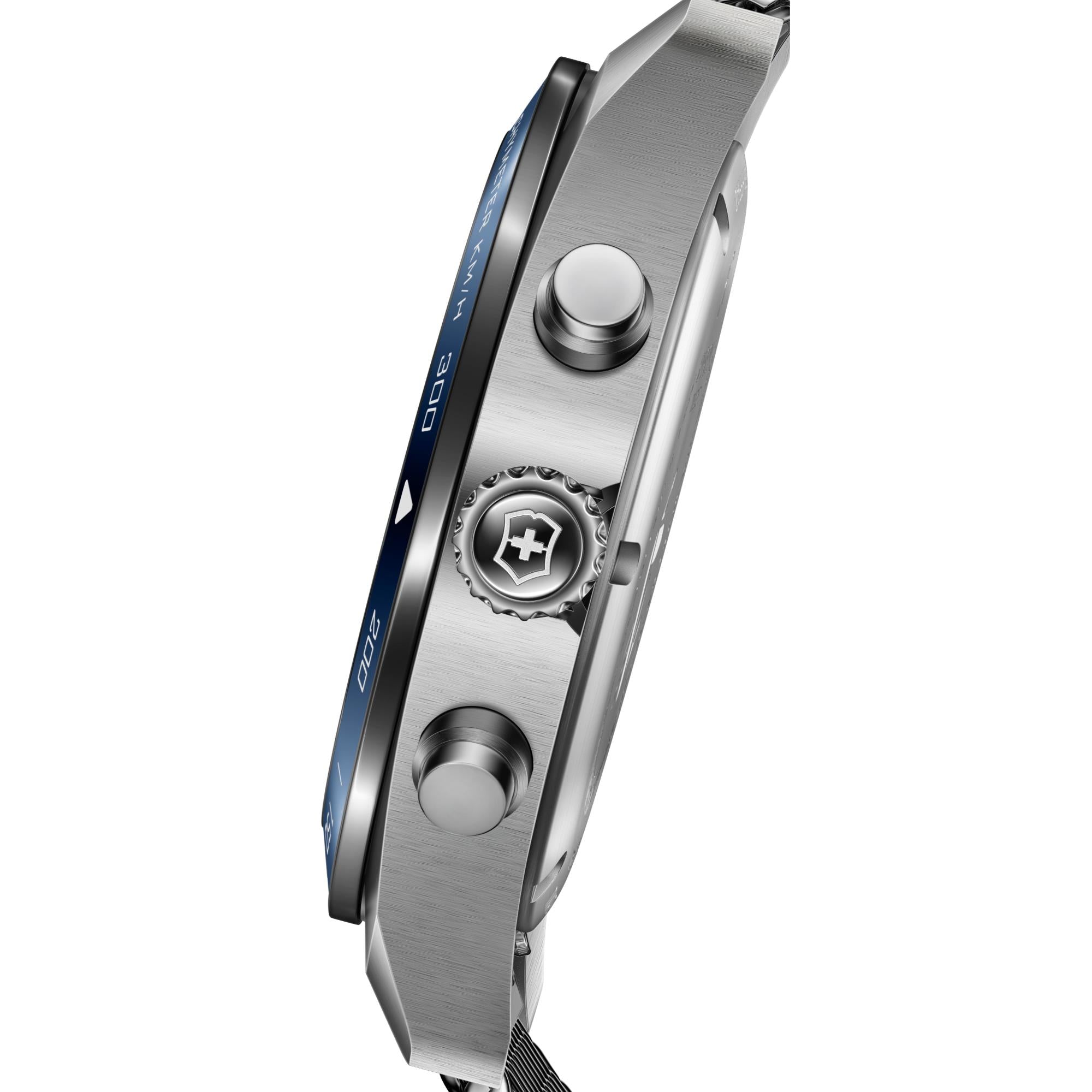 Close-up side profile of Victorinox Swiss Army Chronograph 242049 watch showing crown, case thickness and stainless steel construction