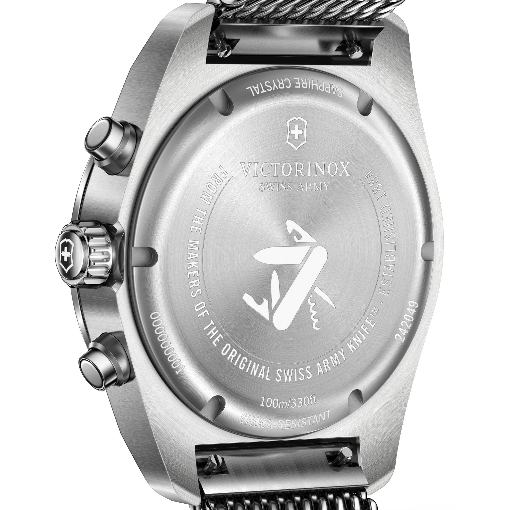 case-back close-up of Victorinox Swiss Army Chronograph 242049 watch