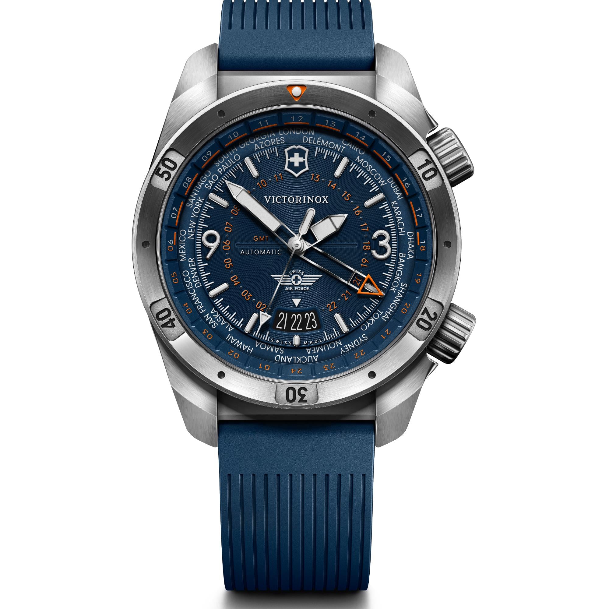 Victorinox Air Pro 242003 43mm GMT automatic watch with blue dial and blue rubber strap front  view