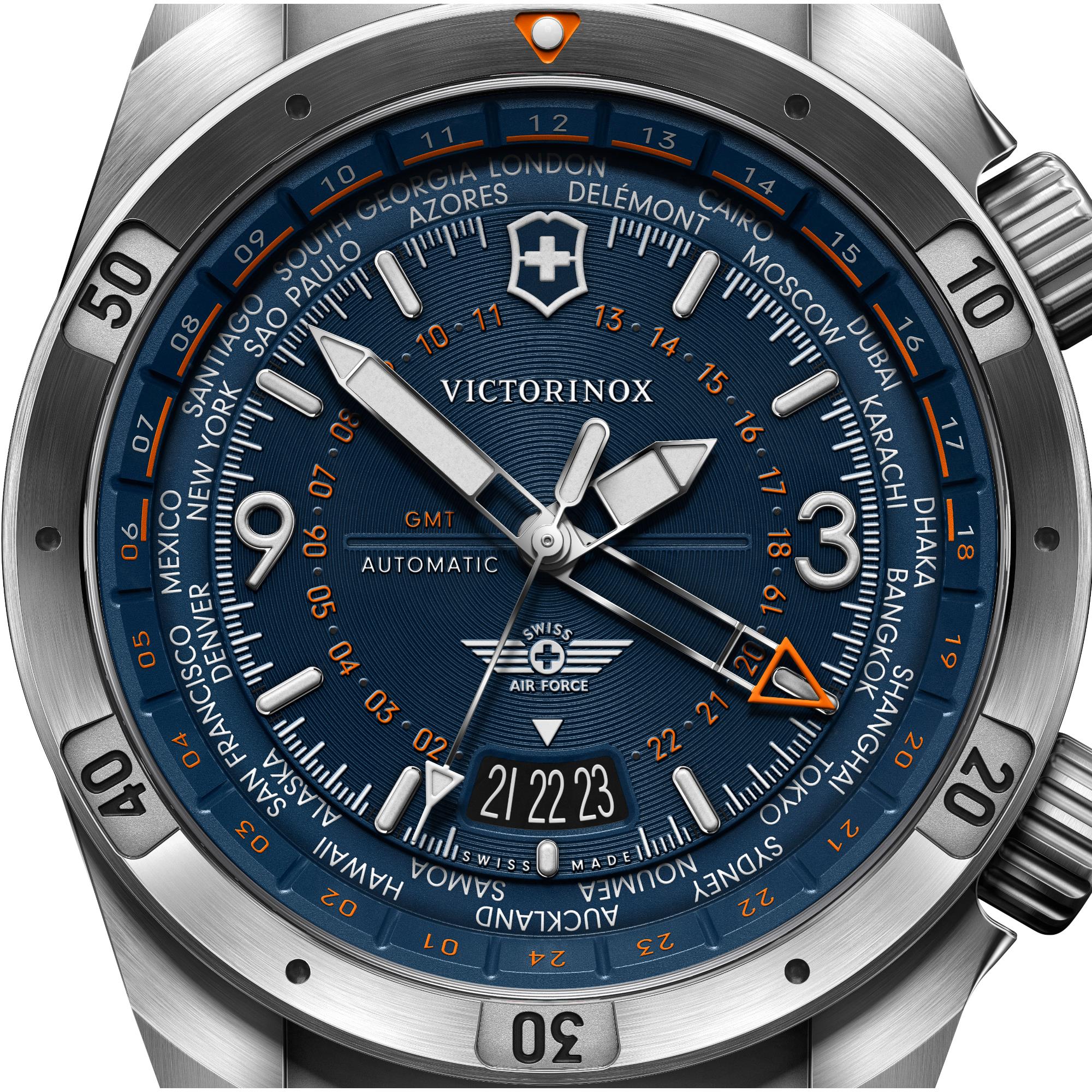Victorinox Air Pro 242003 automatic watch showcasing the stainless steel case and duel crown close-up