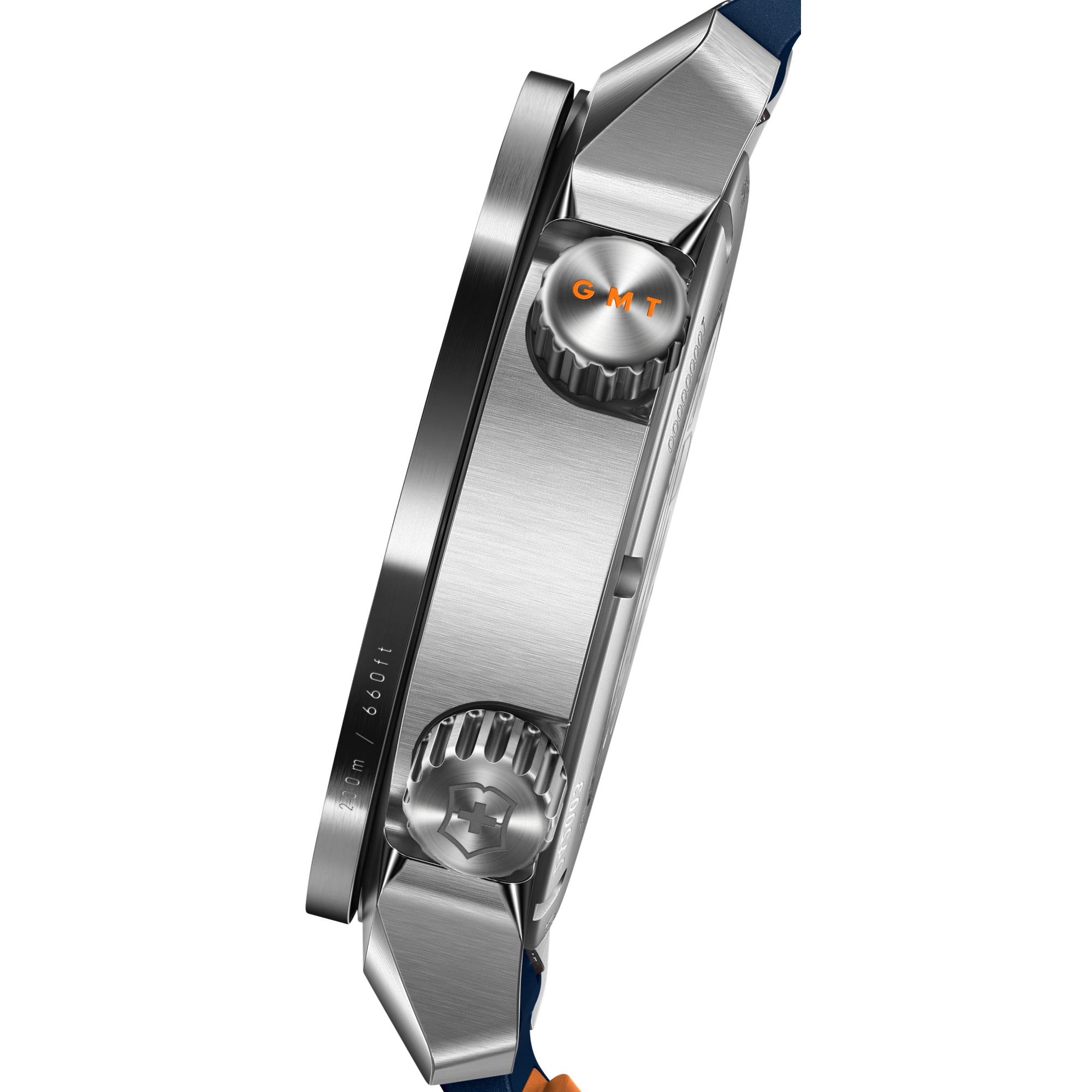Victorinox Air Pro 242003 side view showing stainless steel case, GMT crown with orange GMT marking and 200m water resistance engraving