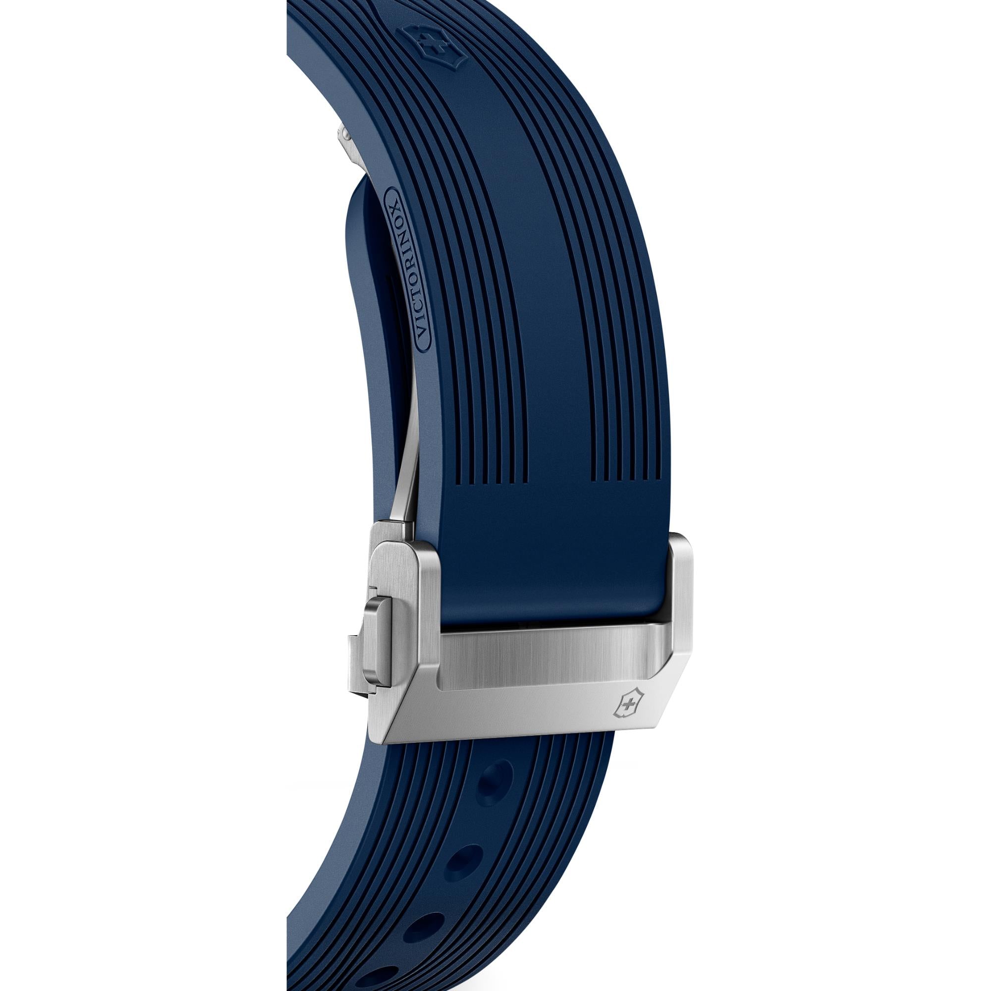 Close-up of Victorinox Air Pro 242003 blue rubber strap with stainless steel deployment clasp and Victorinox shield logo