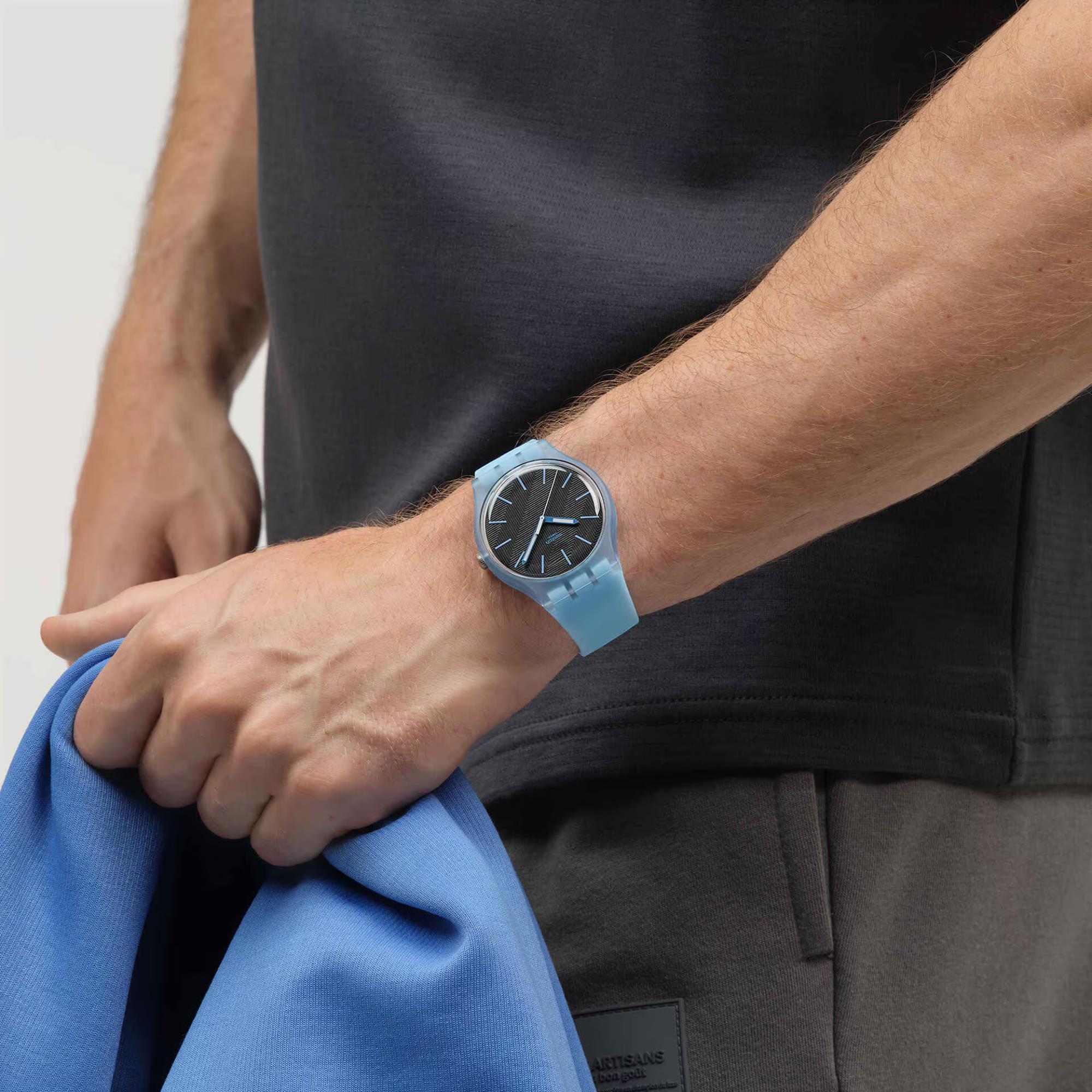 Swatch Originals Blue Moves Quarz Schwarzes Zifferblatt Silikonarmband Uhr SO29L101