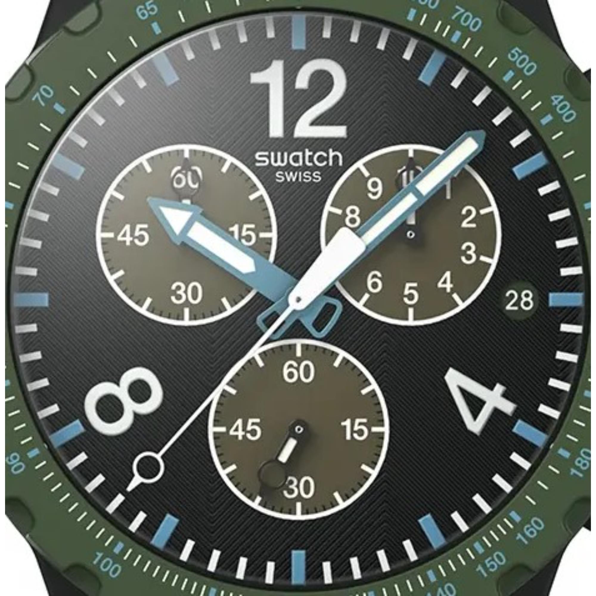 Swatch Originals Olivenrausch Chronograph Schwarz Zifferblatt Silikonarmband Uhr SUSB421