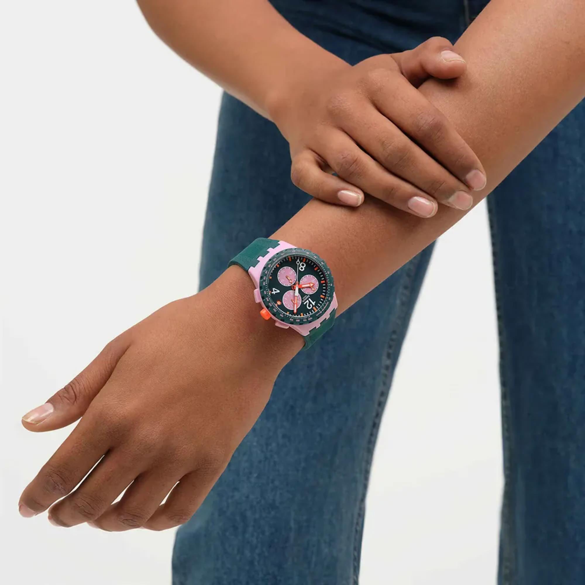 Swatch Originals Moment of Rose Chronograph Green Dial Silicone Strap Watch SUSP400