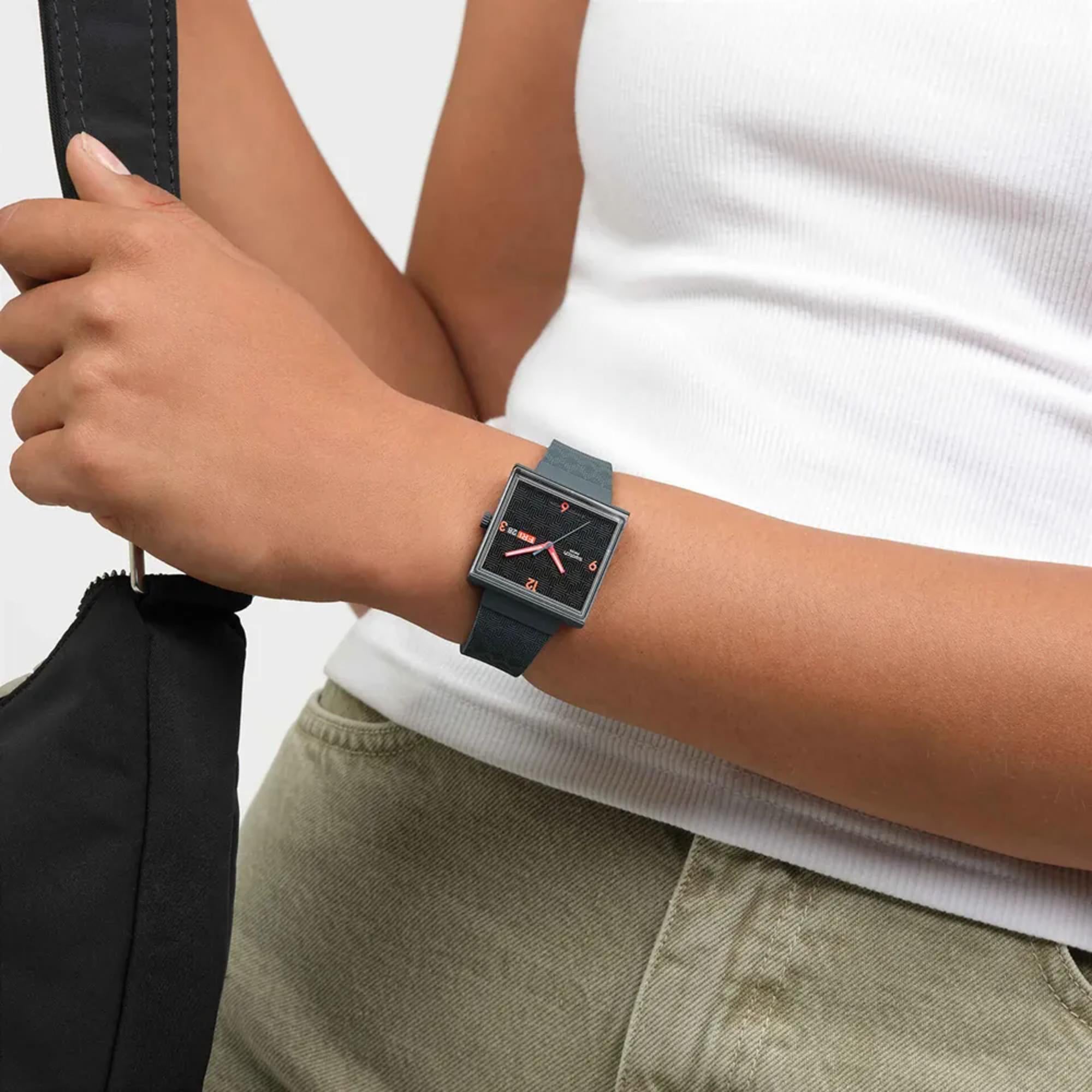 Swatch Originals Squared Off Quartz Black Dial Silicone Strap Watch SO34M701