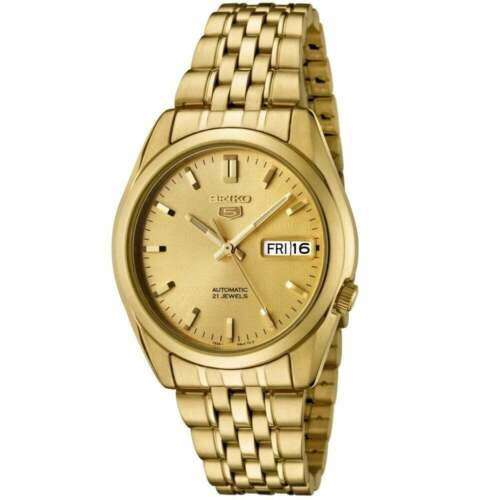 Seiko 5 automatic gold dial gold PVD stainless steel watch SNK366K1 front view