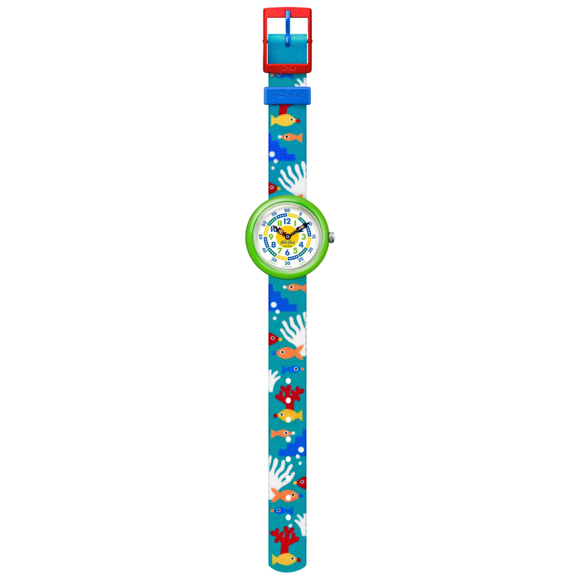 Flik Flak Fish 'N' Reef Grüner Textilarmband Grünes Kunststoffgehäuse Kinder Jungen Fisch Uhr FBNP113 32mm