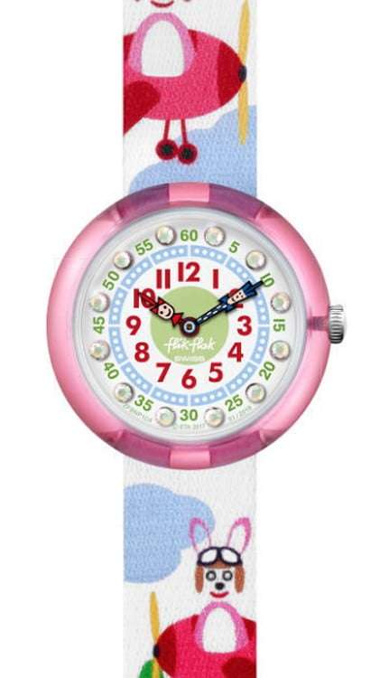 Flik Flak Hopp on a Plane Kinder Mädchen Grüner Textilarmband Pinkes Kunststoffgehäuse Hund Uhr FBNP104