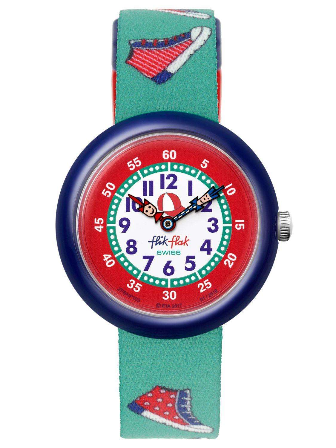 Flik Flak Sneaky Blauer Kunststoffgehäuse Grünes Textilarmband Kinder Jungen Schuhe Uhr FBNP103 32mm
