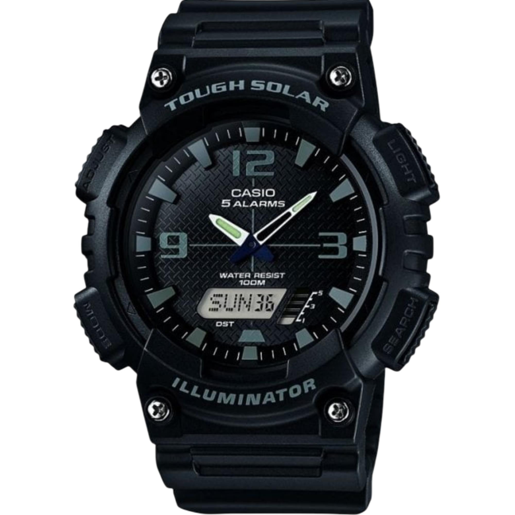Casio Fünf Alarm Solarbetriebene Schwarzes Zifferblatt Schwarzes Harzarmband Herren Uhr AQ-S810W-1A2VEF