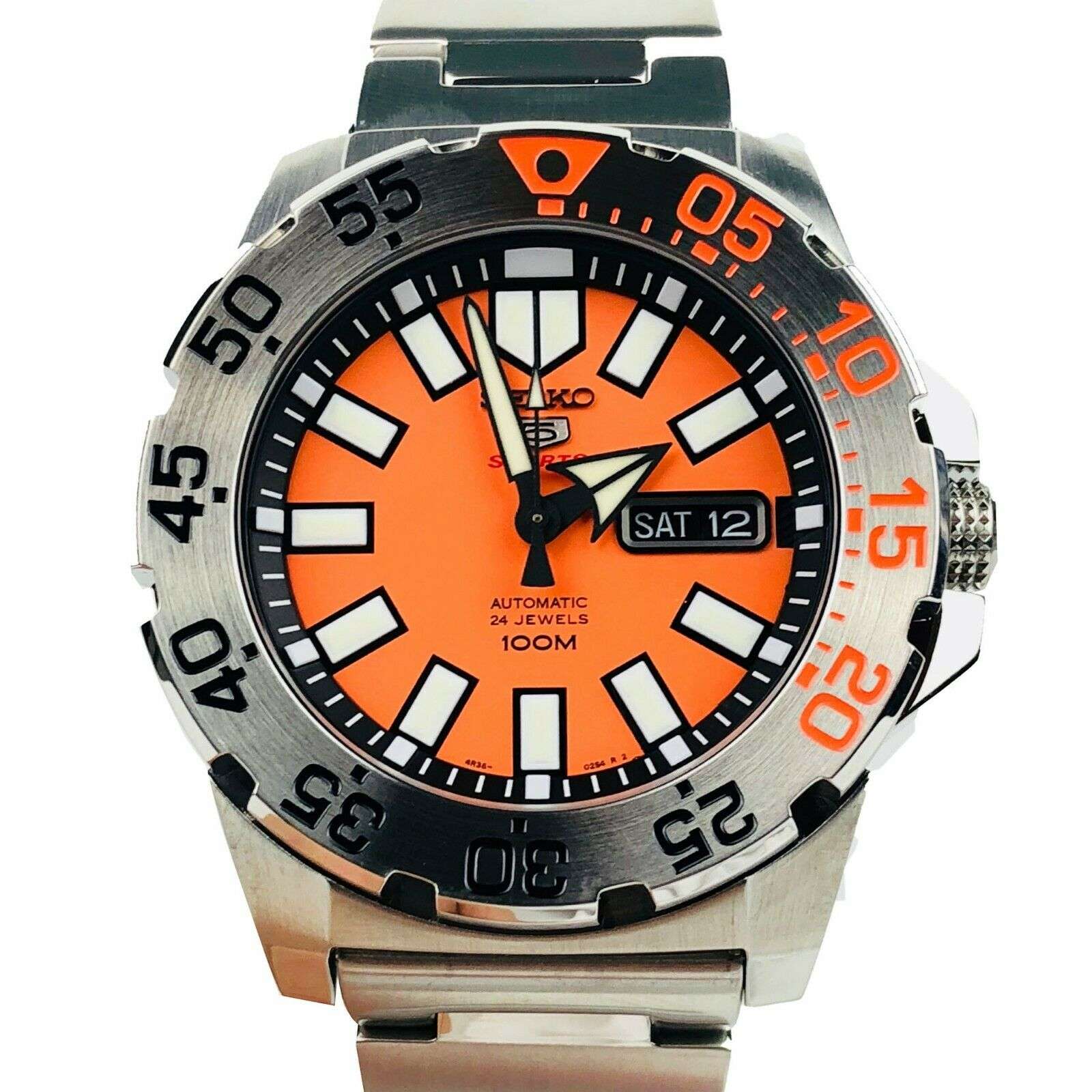 Seiko 5 Sports Diver Baby Orange Monster Silber Edelstahl Oranges Zifferblatt Herren Uhr SRP483K1