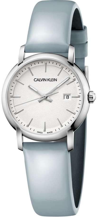 Calvin Klein Established Silber Zifferblatt Blau Lederarmband Damen Uhr K9H231V6 32mm