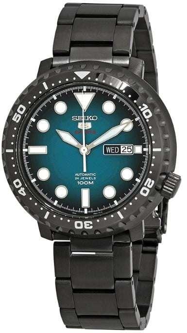 Montre homme Seiko 5 Sports automatique cadran turquoise bracelet acier inoxydable gris canon de fusil SRPC65K1