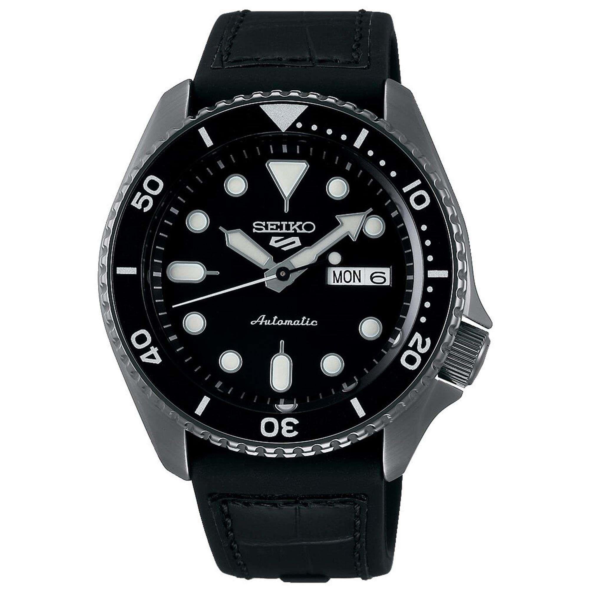 Seiko 5 Sports Automatik Schwarzes Zifferblatt Schwarzes Lederarmband Herren Uhr SRPD65K3