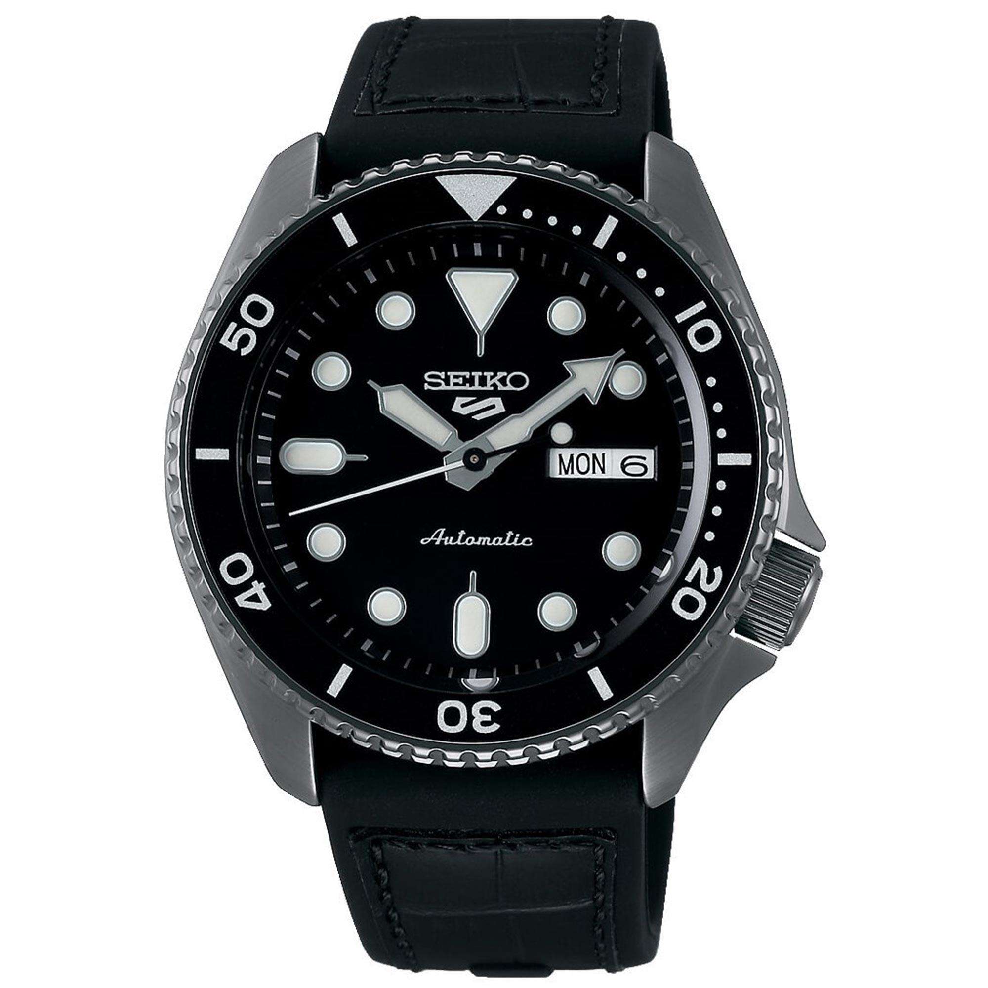 Seiko 5 Sports Automatik Schwarzes Zifferblatt Schwarzes Lederarmband Herren Uhr SRPD65K3