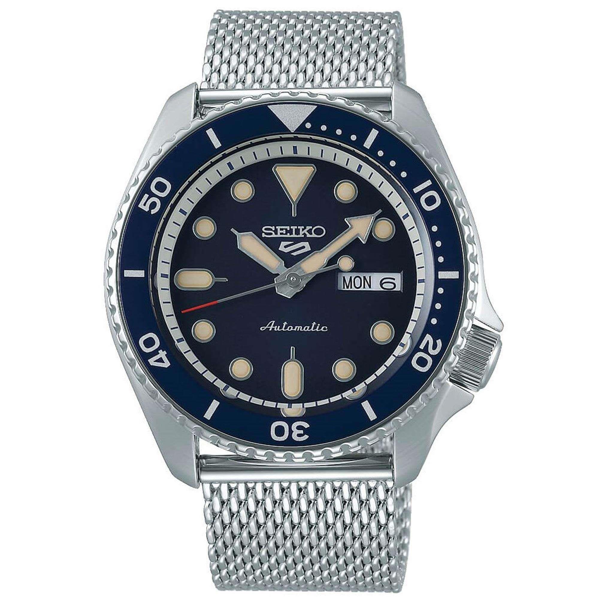 Seiko 5 Sports Blaues Zifferblatt Silbernes Edelstahl-Mesharmband Automatik Herren Uhr SRPD71K1