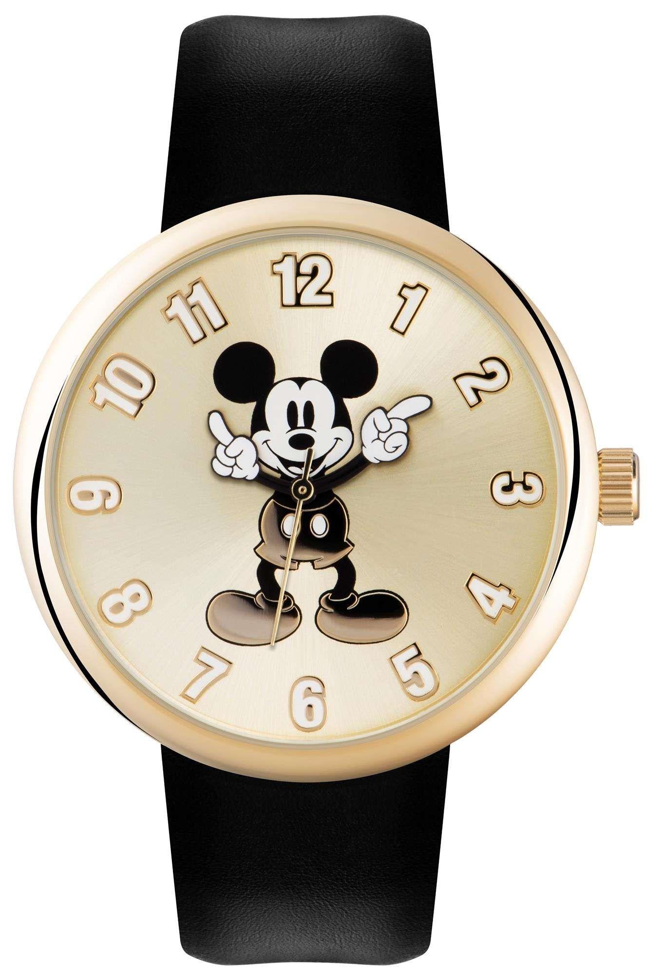 Disney Mickey Mouse Quarz Goldenes Zifferblatt Schwarzes Lederarmband Kinder Uhr