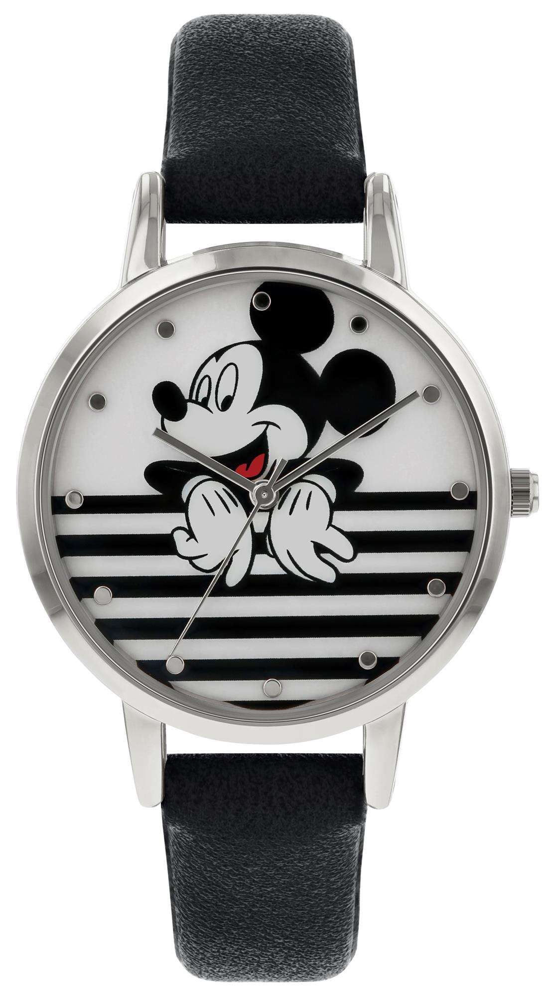 Disney Mickey Mouse Quarz Silbernes Edelstahl Schwarze Leder Uhr MK5089