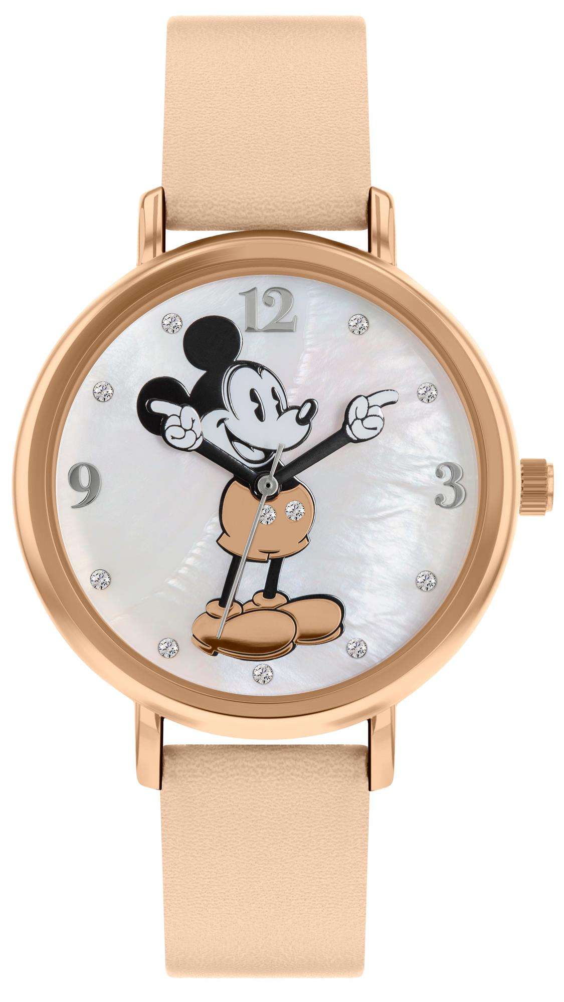 Disney Mickey Mouse Quarz Weißes Zifferblatt Pinkes Lederarmband Uhr MK5377