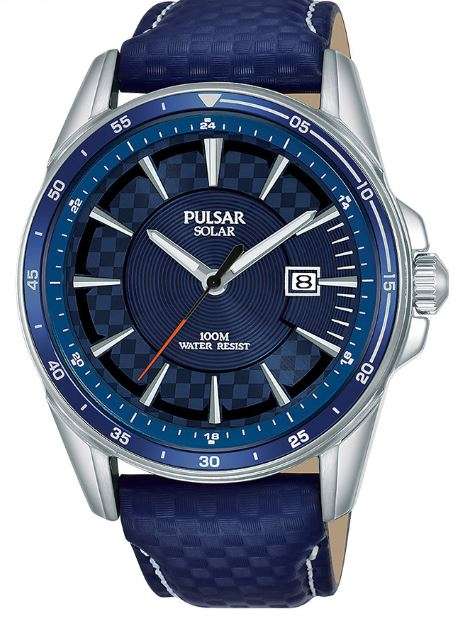 Pulsar Accelerator Solar Blaues Lederarmband Silber Edelstahl Gehäuse Herren Uhr PX3205X1