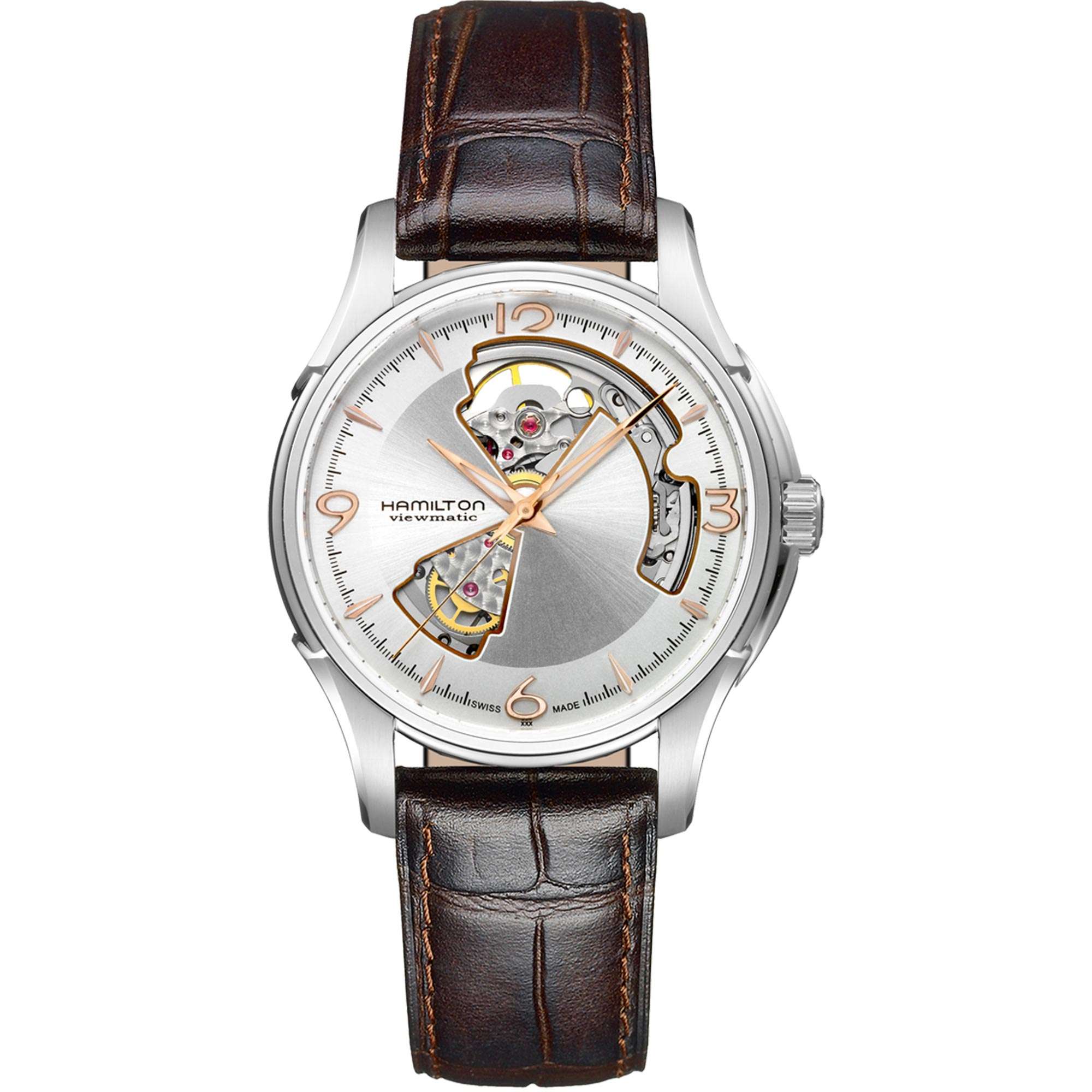 Hamilton Jazzmaster 40mm Open Heart Uhr mit silbernem Zifferblatt, Leder, Herren, Automatik, H32565555