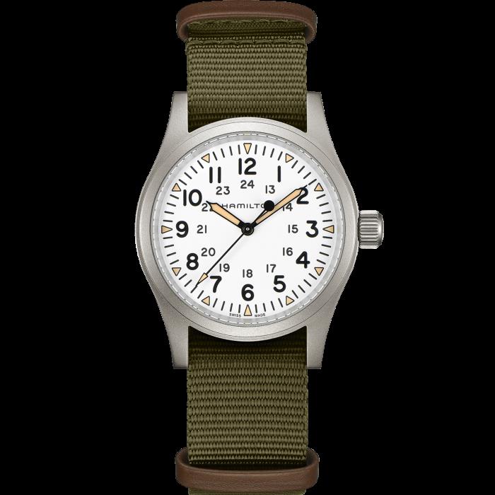 Hamilton Khaki Field H69439411 luminous syringe hands and triangular indices close-up