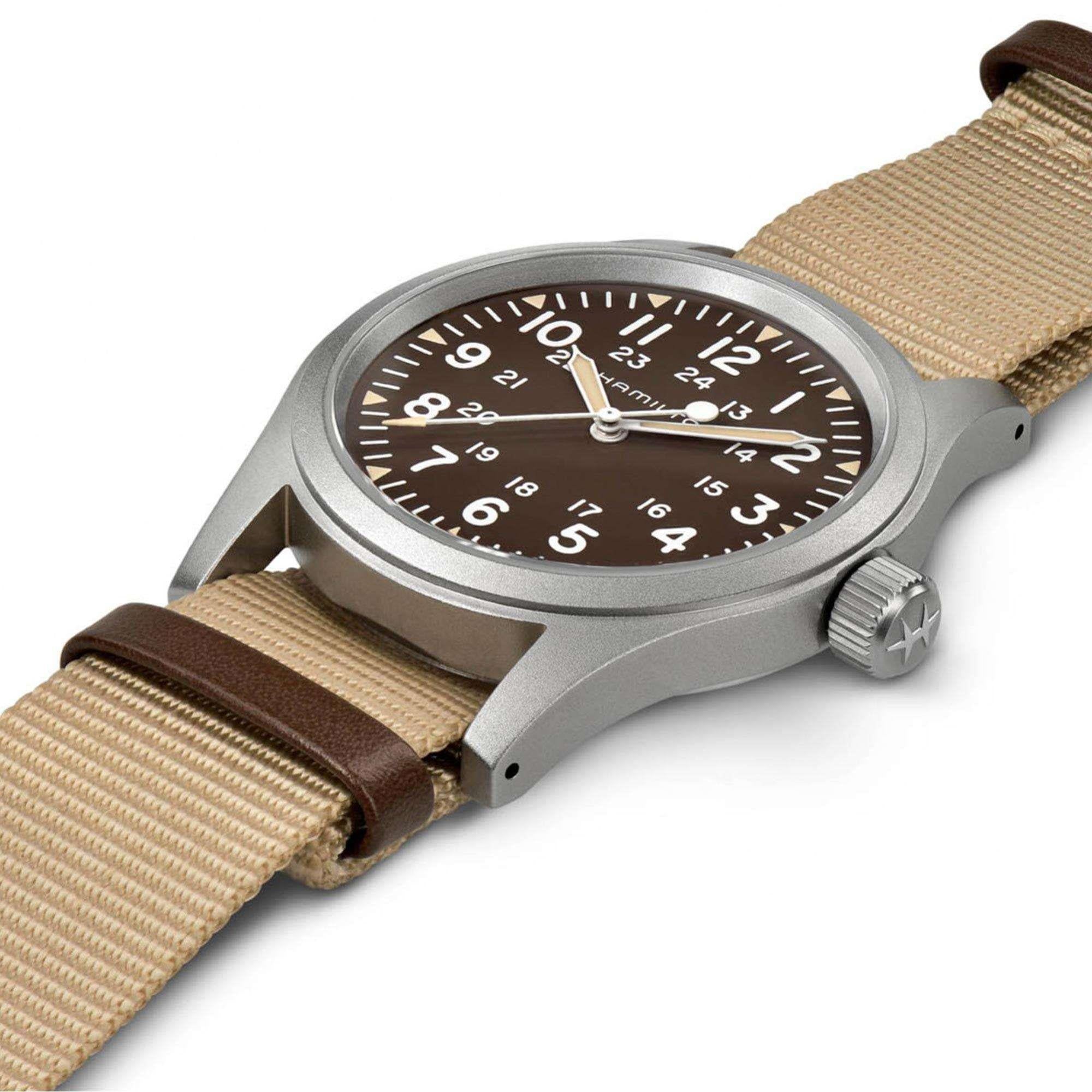 Hamilton Khaki Field 38mm 1960er Jahre Nachbildung Braunes Zifferblatt NATO Herren Mechanische Uhr H69439901