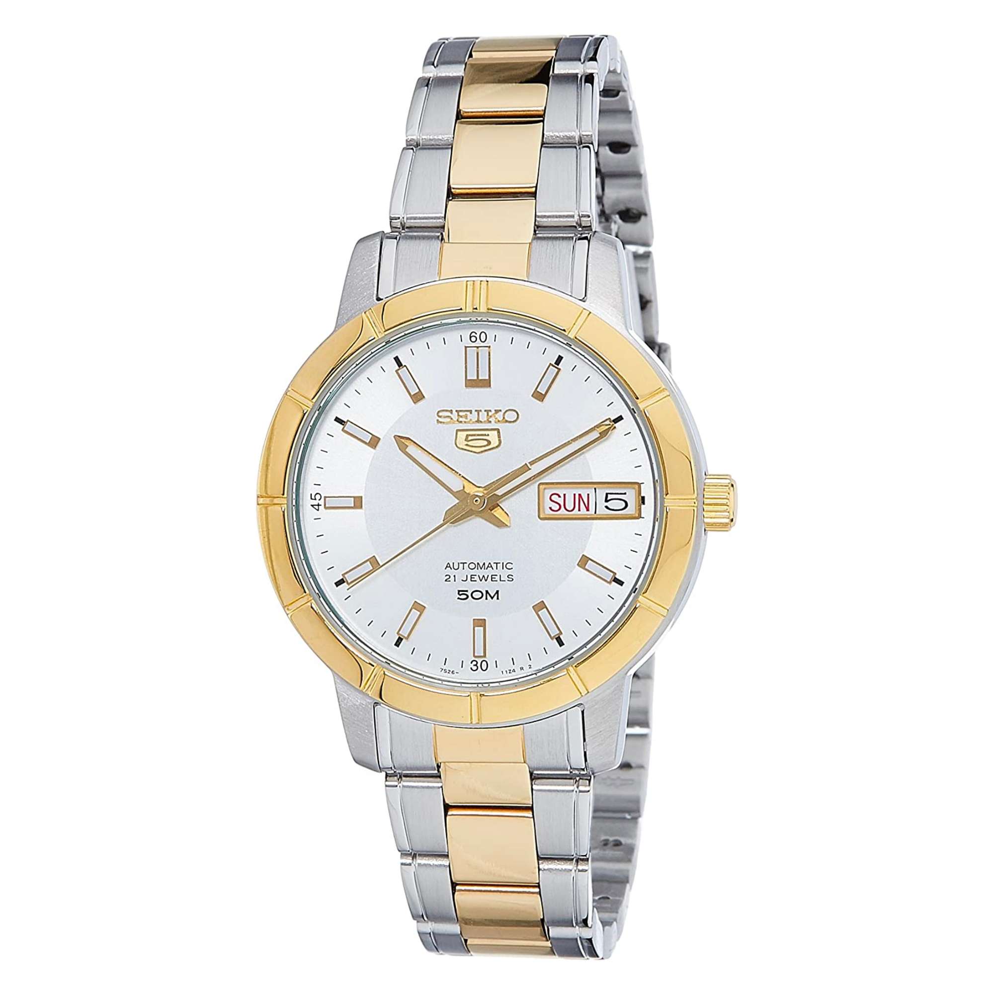 Seiko 5 Automatik Weißes Zifferblatt Zweifarbig Silber Gold Edelstahl Damen Uhr SNK892K1