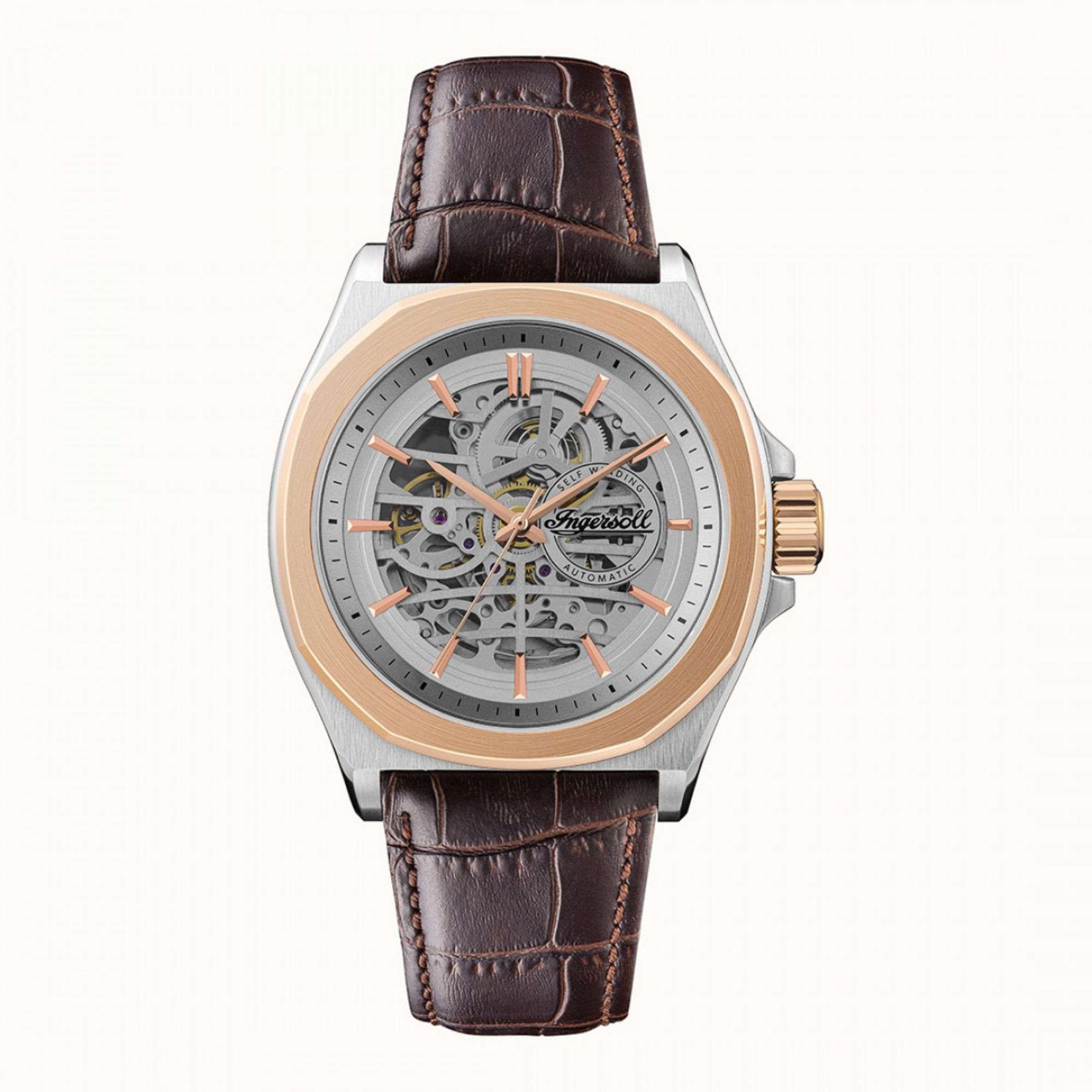 Ingersoll The Orville Automatik Silber Skelett Zifferblatt Braunes Lederarmband Herren Uhr I09301B