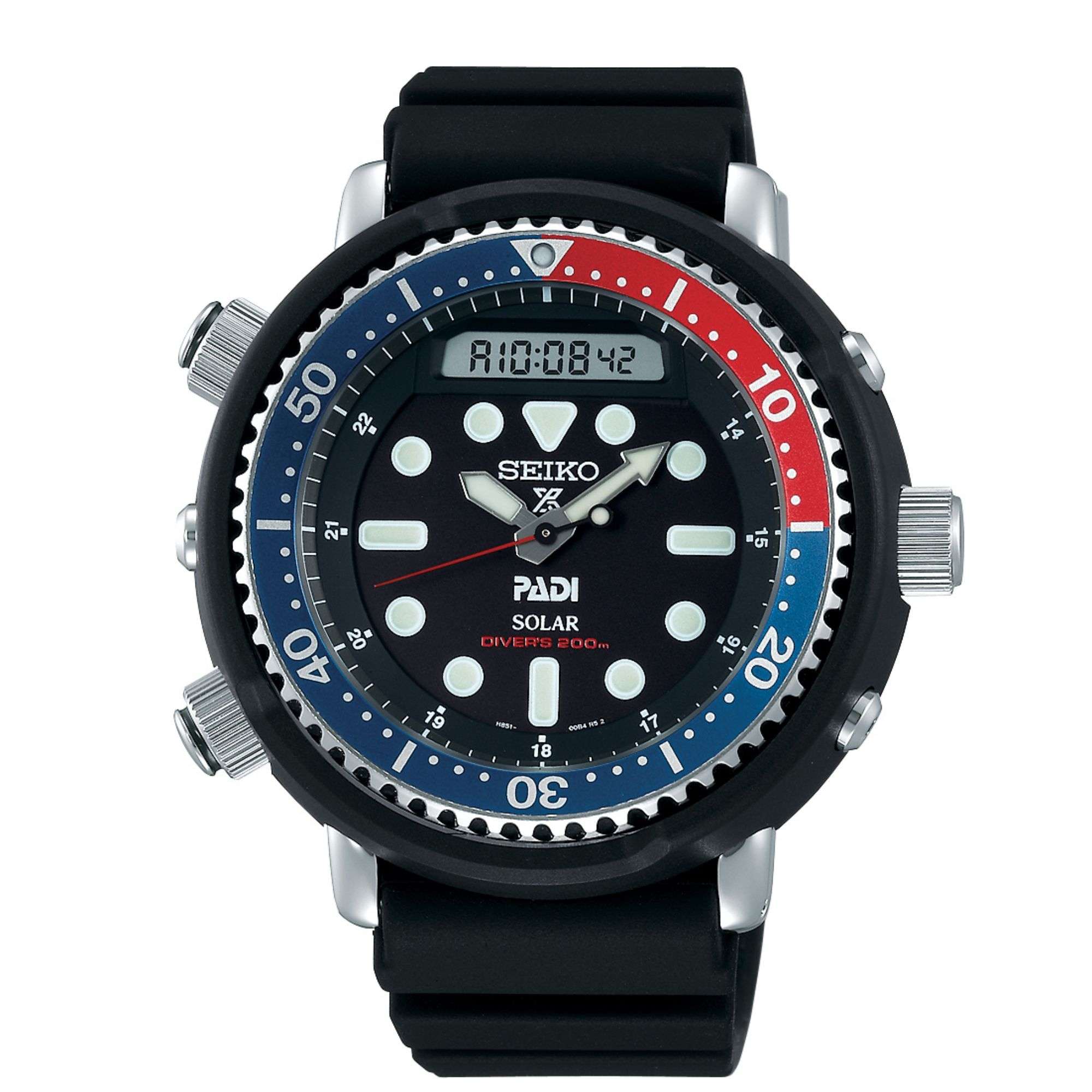 Seiko Prospex 'Arnie' PADI Predator 'Pepsi' 'Tuna' Solar Schwarzes Zifferblatt Silikonarmband Taucher Herren Uhr SNJ027P1