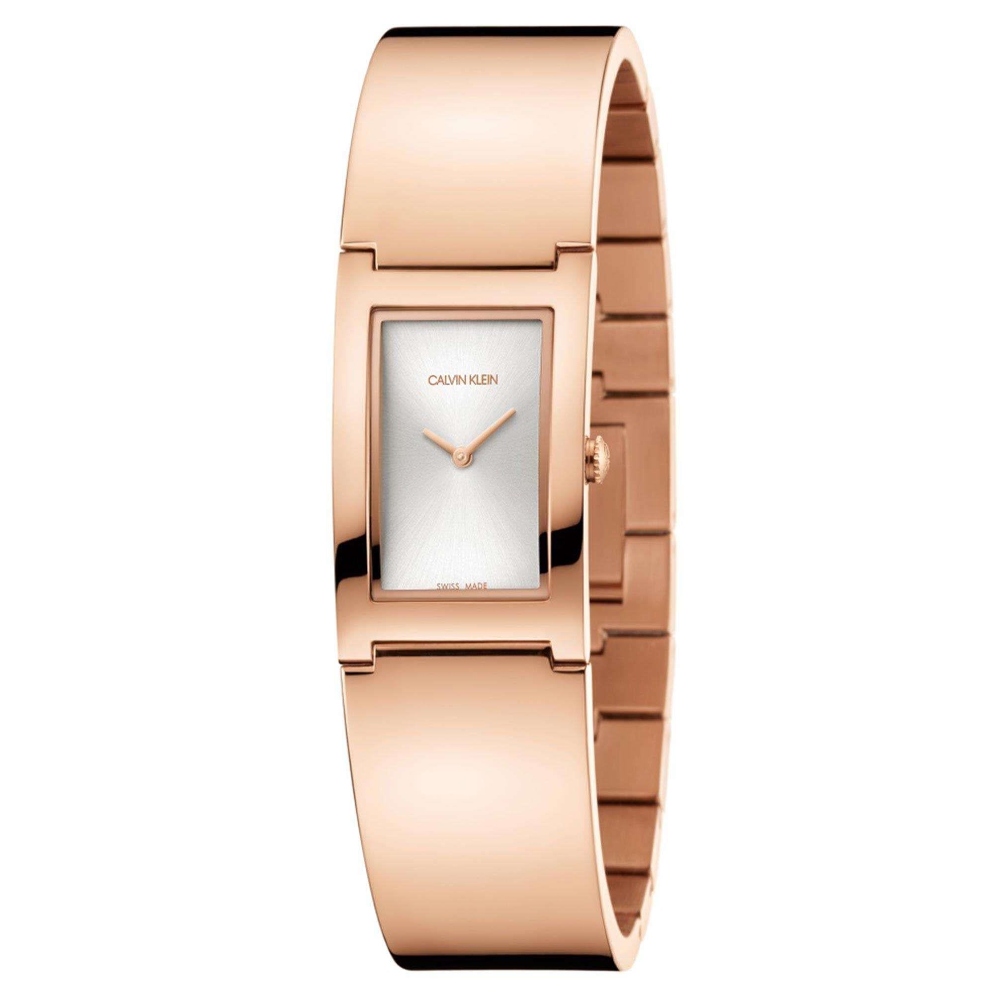 Calvin Klein Polierte Quarz Silber Zifferblatt Roségold PVD Edelstahl Armband Damen Uhr K9C2N616