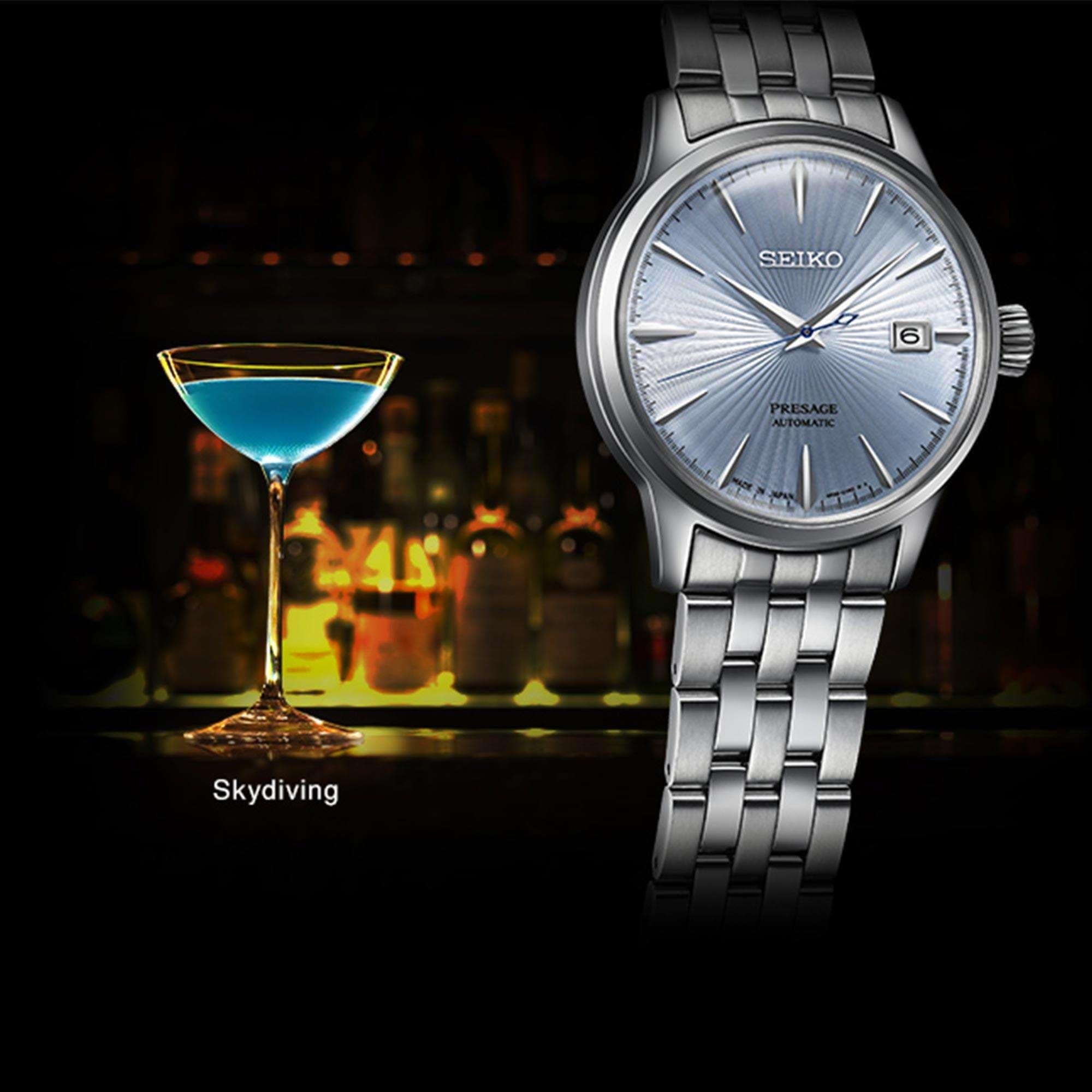 Seiko Presage Cocktail Time 'Skydiving' Automatic Light Blue Dial Silver Stainless Steel Men's Watch SRPE19J1