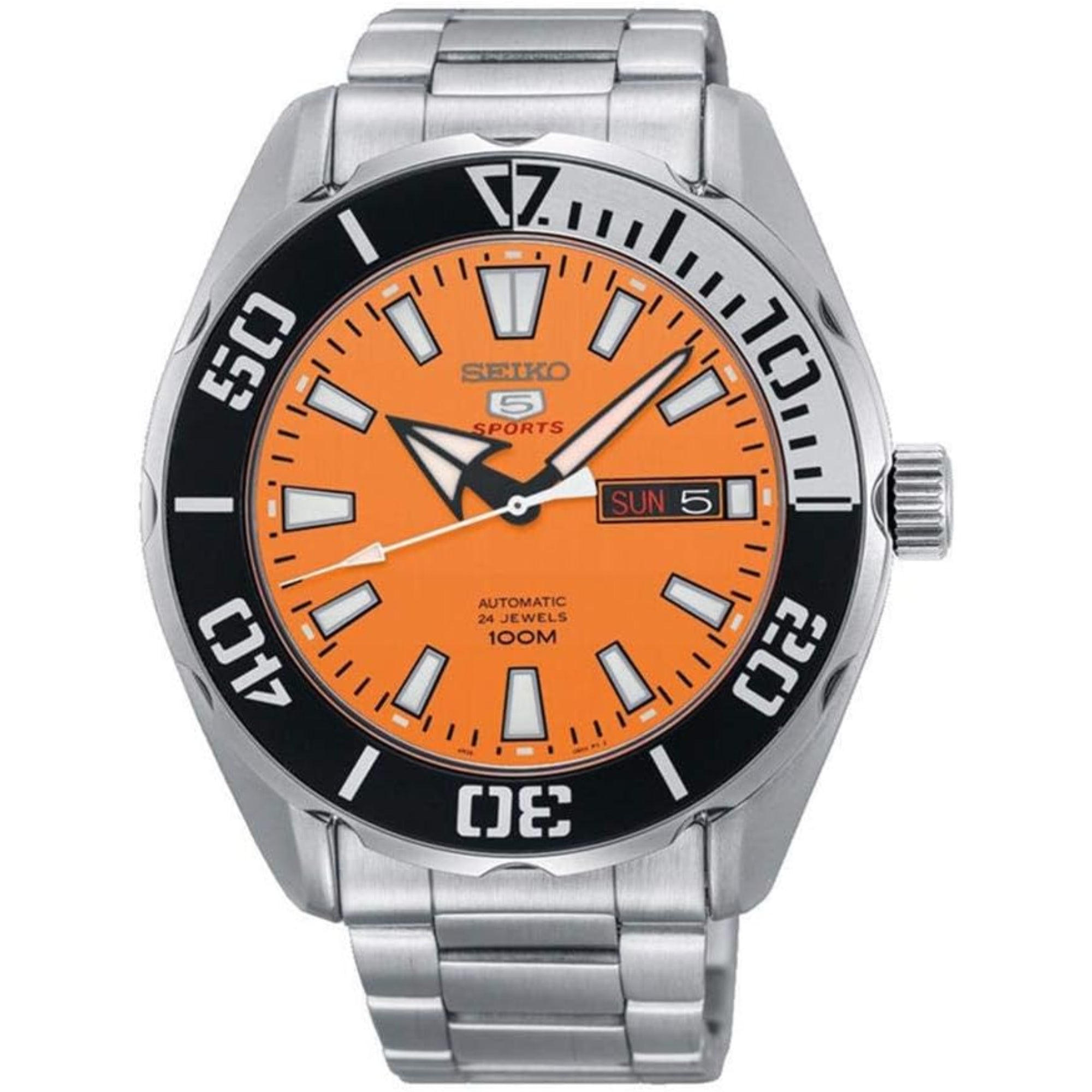 Seiko 5 Sports Silber Edelstahl Oranges Zifferblatt Automatik Herren Uhr SRPC55K1 UVP £389