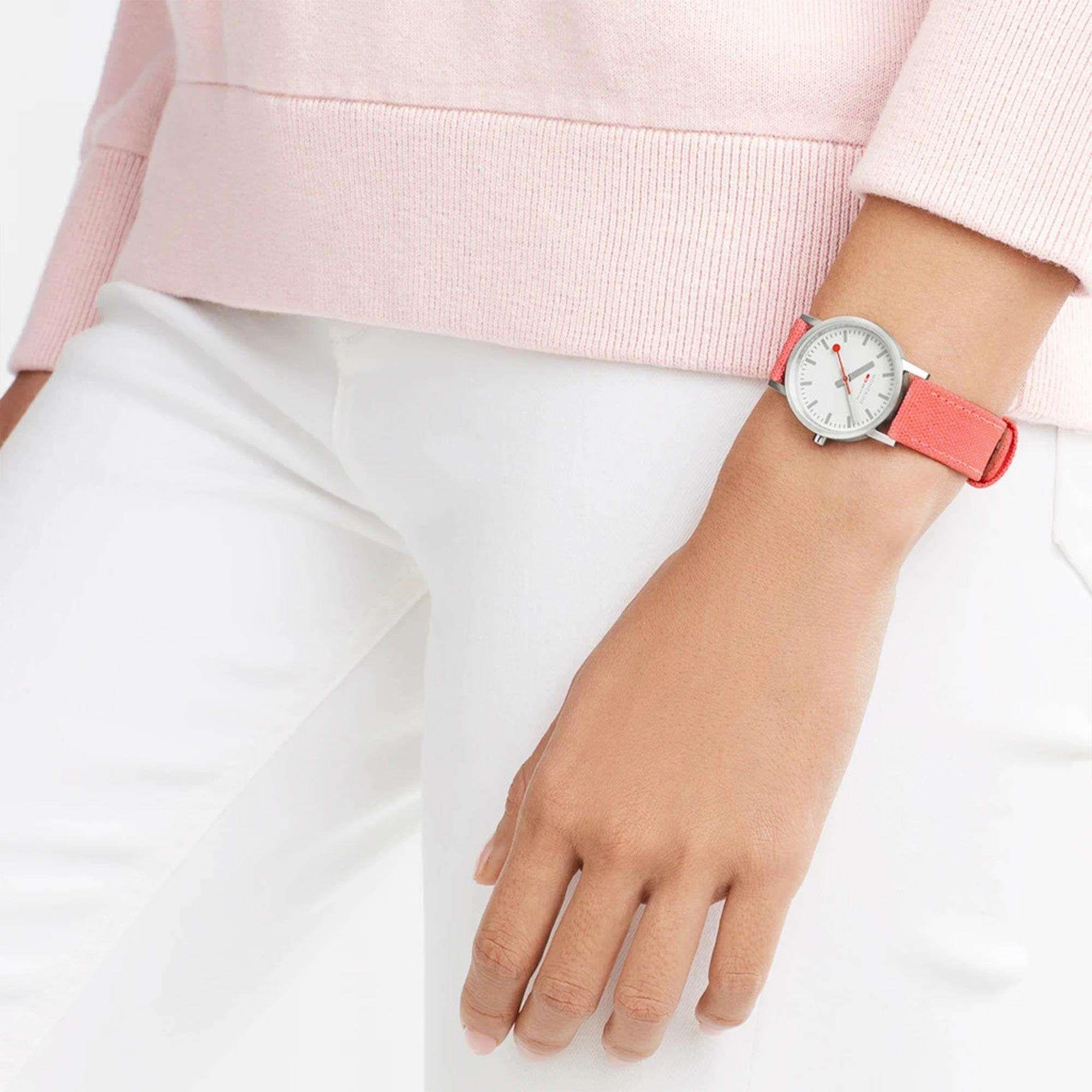 Mondaine Classic Quartz White Dial Coral Red Textile Strap Ladies Watch A658.30323.17SBP