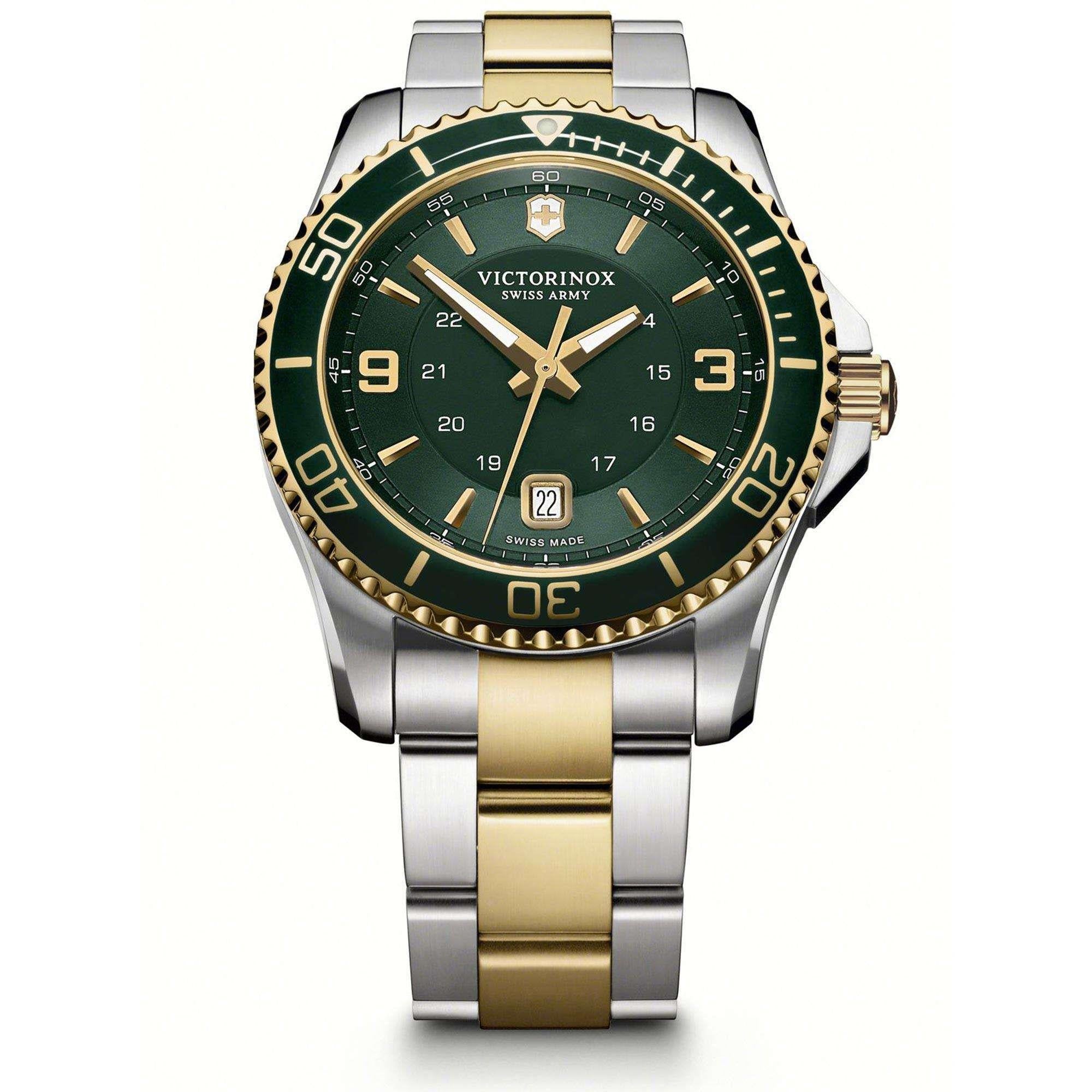 Victorinox Swiss Army Maverick Large Quartz Grünes Zifferblatt Silbernes Goldenes Edelstahlarmband Herren Uhr 241605