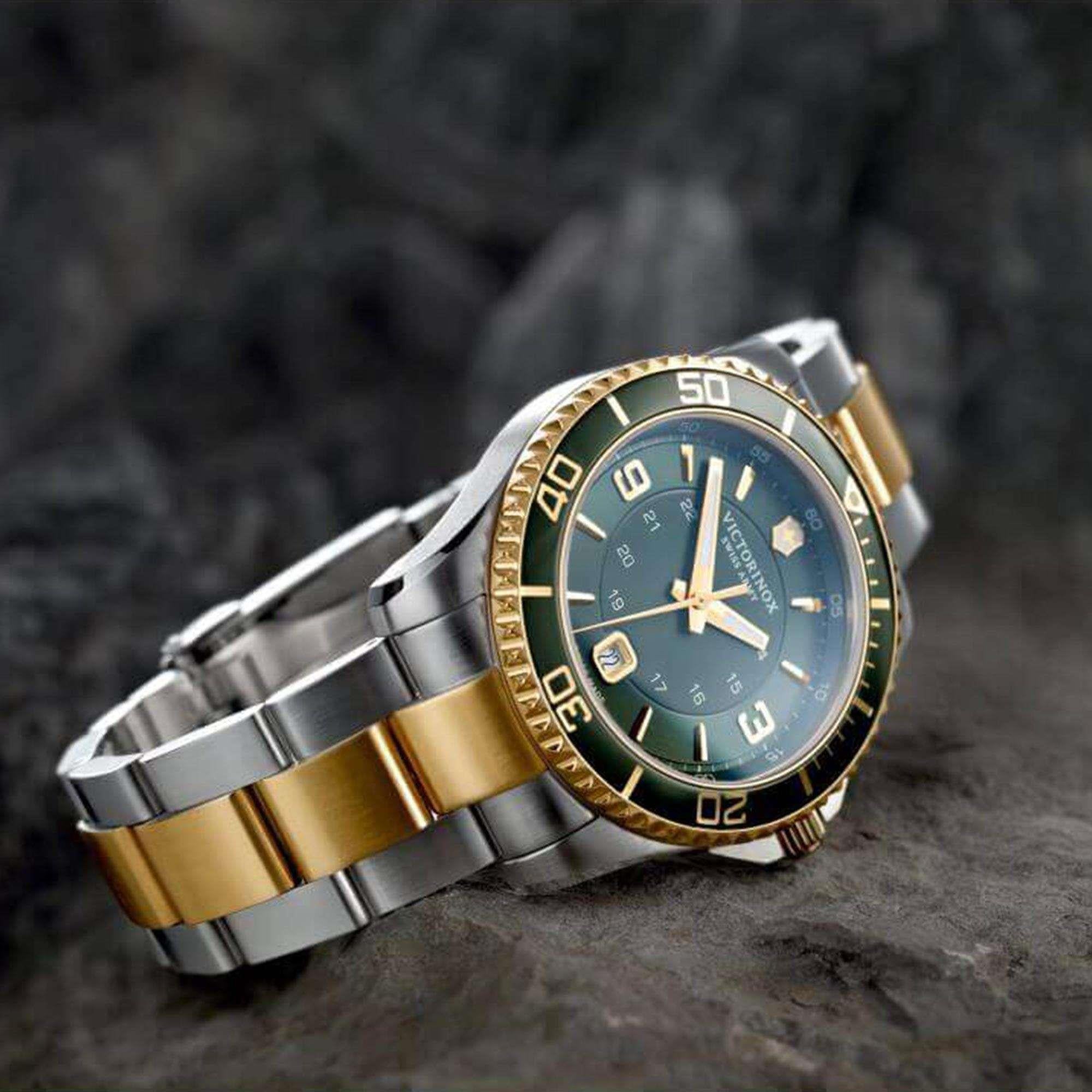 Victorinox Swiss Army Maverick Large Quartz Grünes Zifferblatt Silbernes Goldenes Edelstahlarmband Herren Uhr 241605