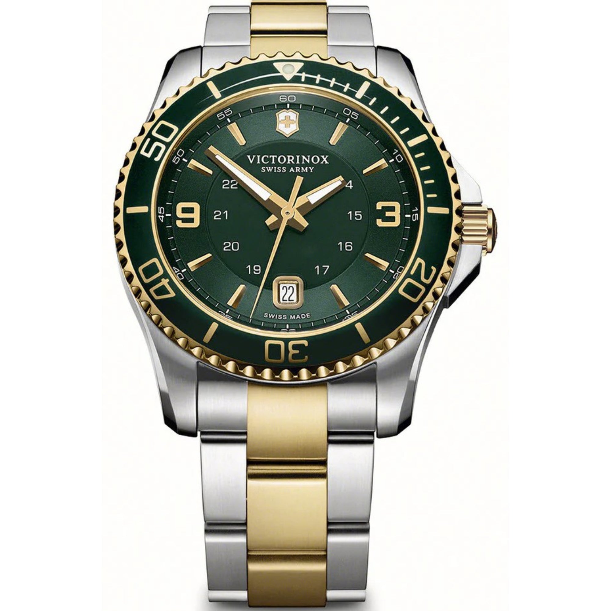 Victorinox Swiss Army Maverick Large Quartz Grünes Zifferblatt Silbernes Goldenes Edelstahlarmband Herren Uhr 241605