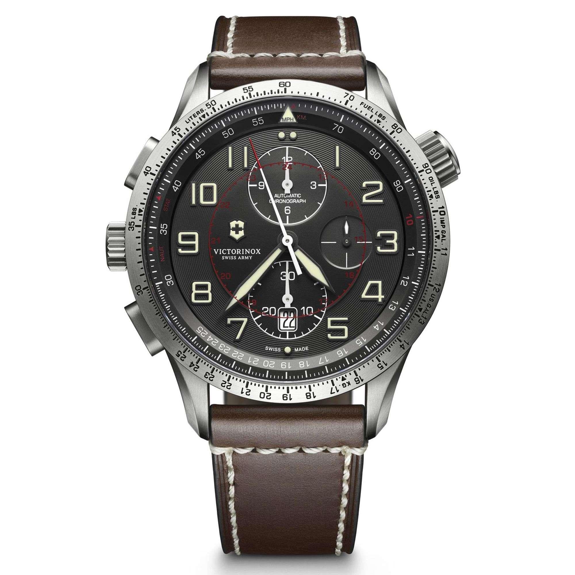 Victorinox Swiss Army Airboss Mach 9 Automatisch Graues Zifferblatt Braunes Lederarmband Herren Uhr 241710