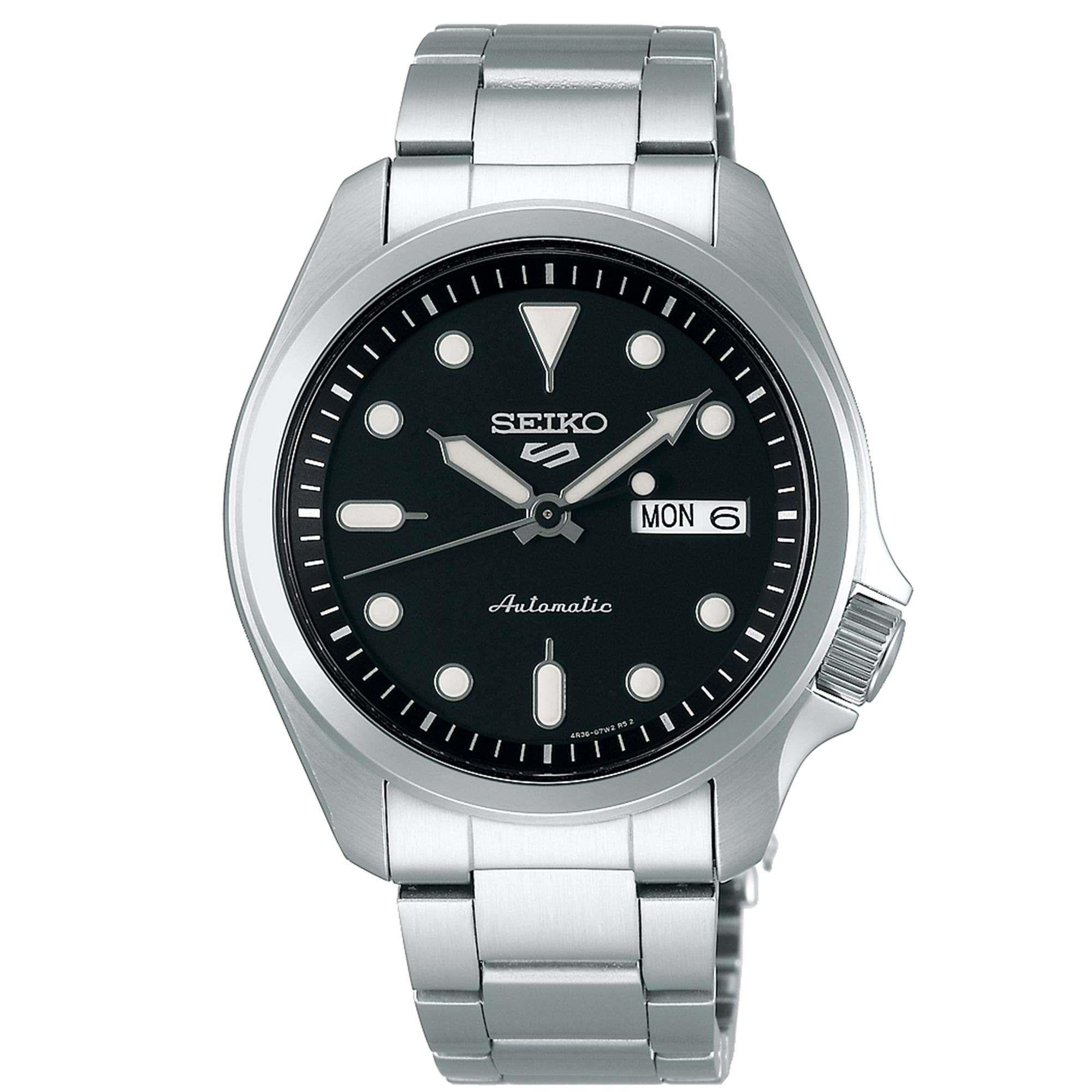 Seiko 5 Sports Solid Boy Schwarzes Zifferblatt Silbernes Edelstahlarmband Herren Uhr SRPE55K1