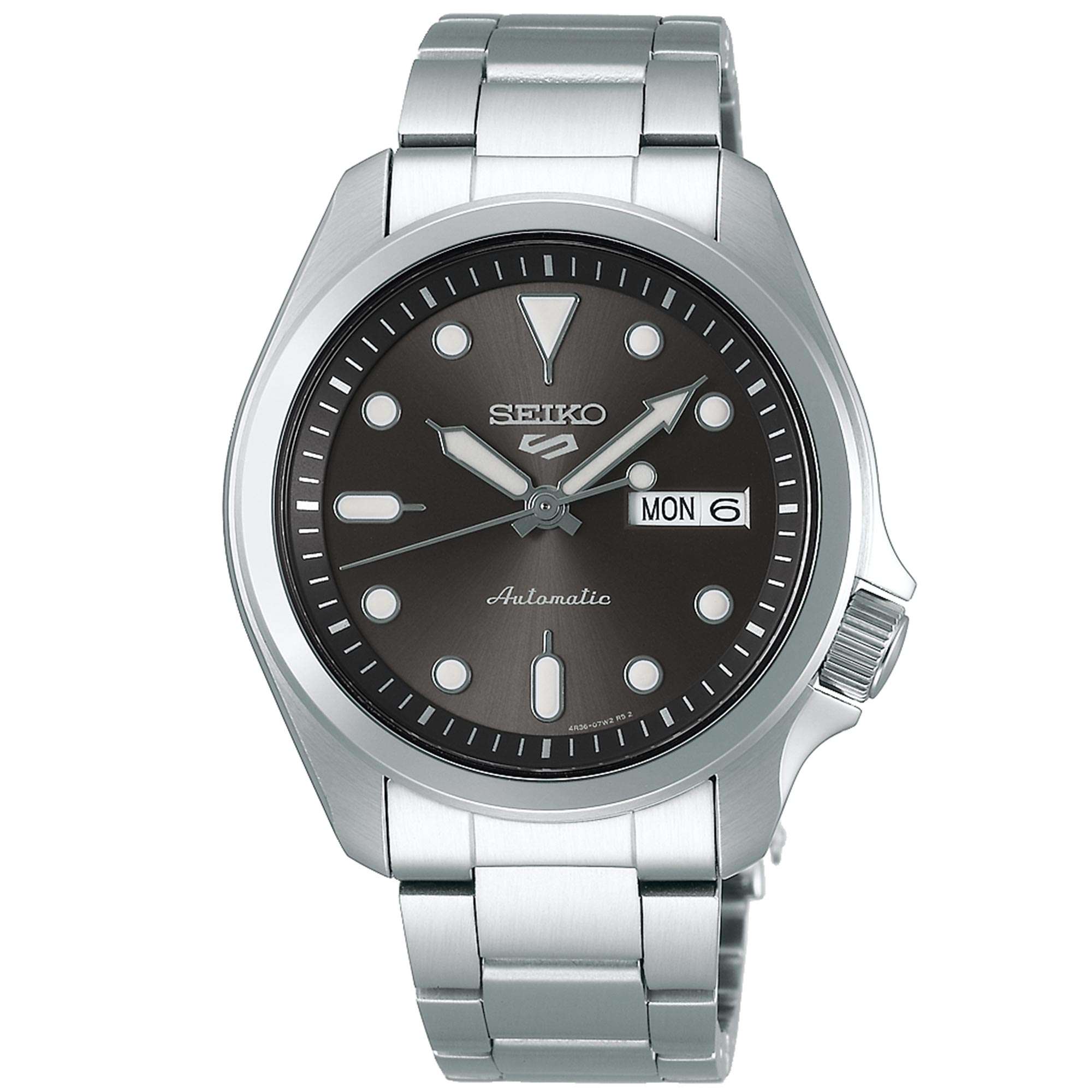 Seiko 5 Sports Solid Boy Automatik Uhr mit grauem Zifferblatt, silbernes Stahl, Herren, SRPE51K1