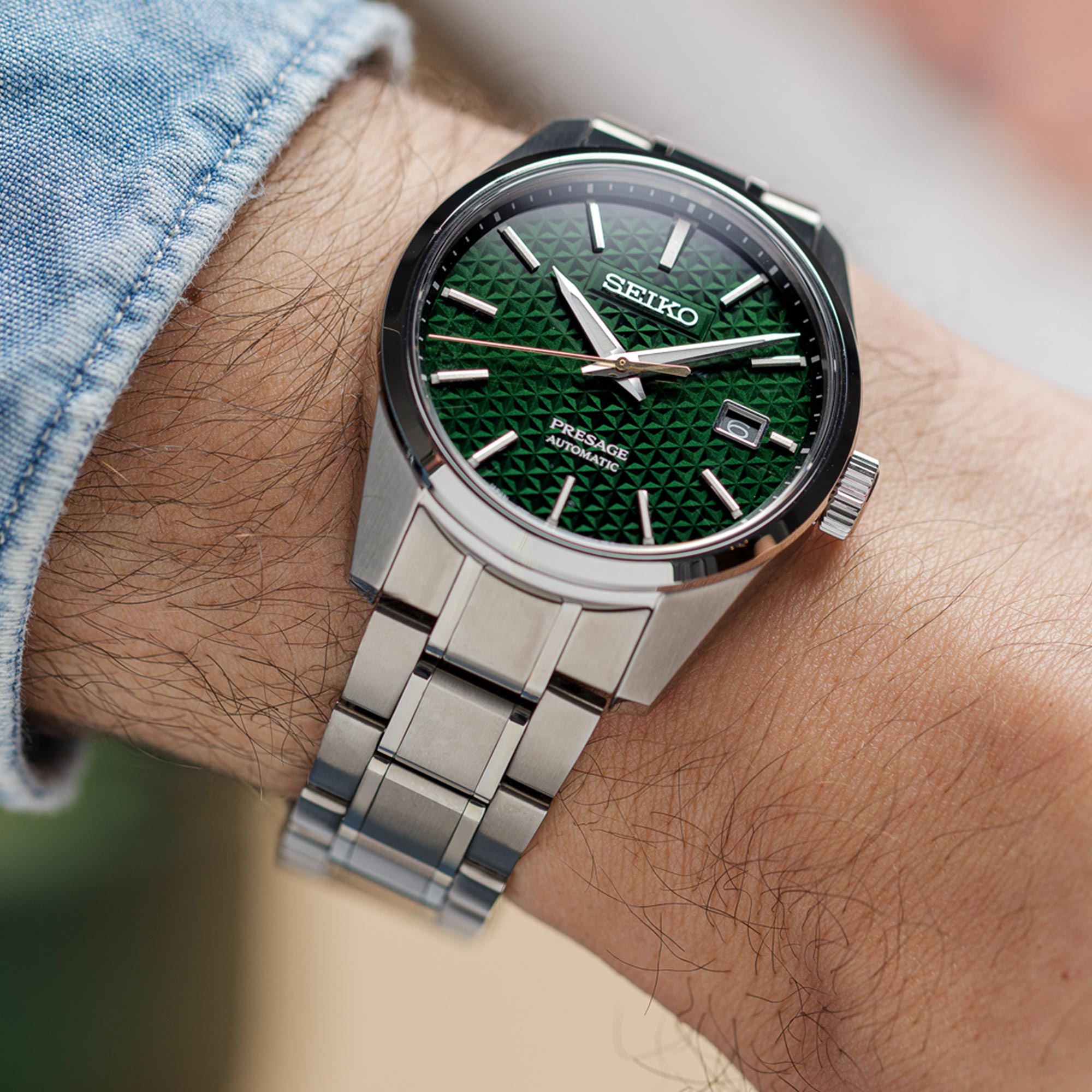 Seiko Presage Sharp Edge Series Green Dial Silver Stainless Steel Bracelet Automatic Men's Watch SPB169J1